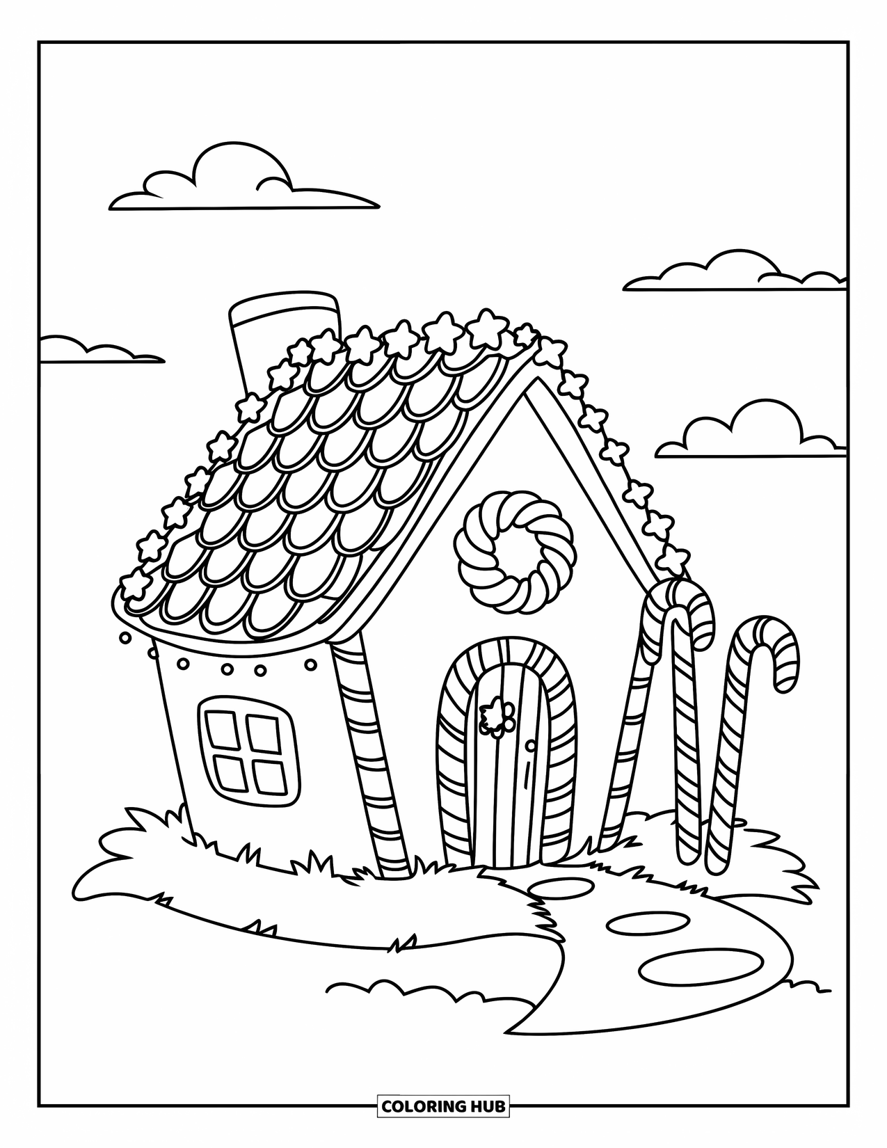 Desen de colorat cu o căsuță de turtă dulce pentru copii: O casă festivă de turtă dulce, cu un acoperiș acoperit cu biscuiți și o ghirlandă de bomboane pe ușă