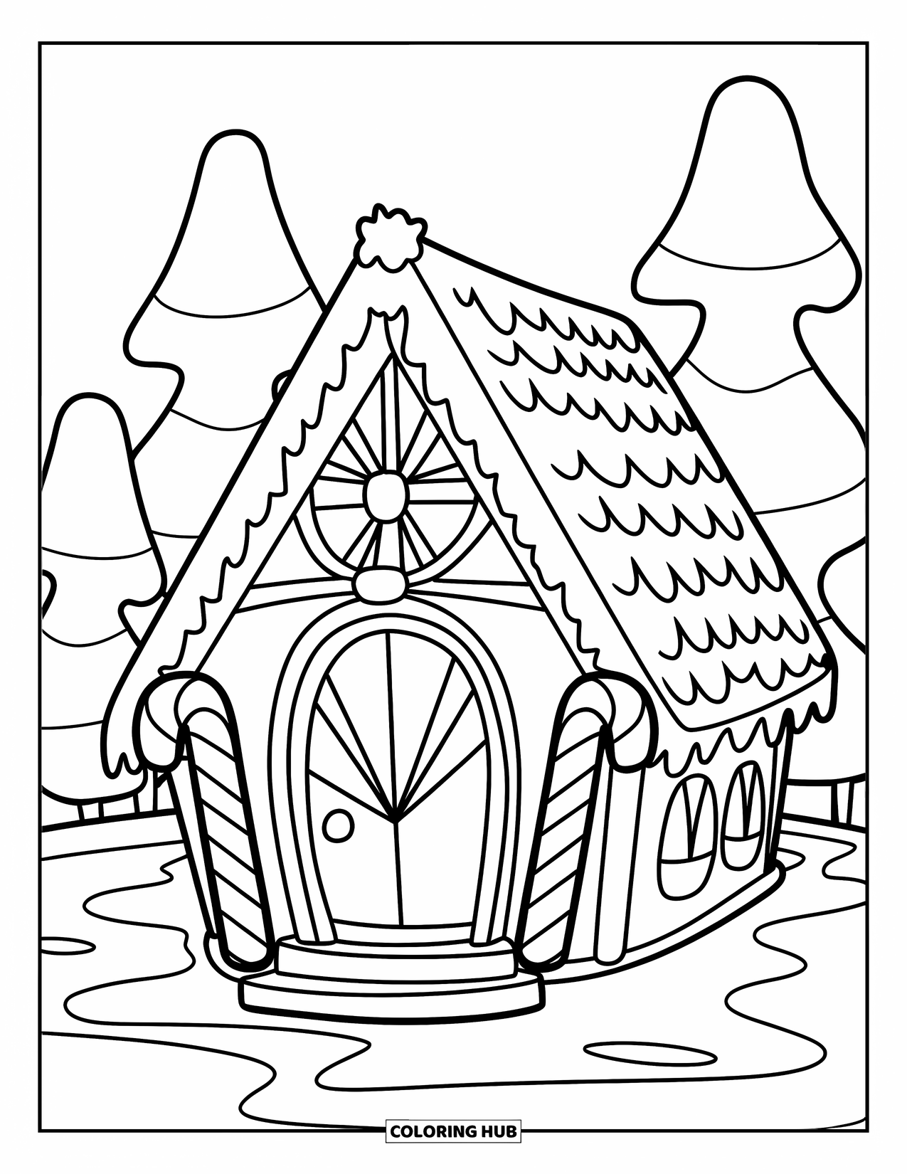 Desen de colorat cu o căsuță de turtă dulce pentru copii: O căsuță festivă de turtă dulce, cu un acoperiș pufos de glazură, stâlpi din bastoane de acadea și un șanț de ciocolată