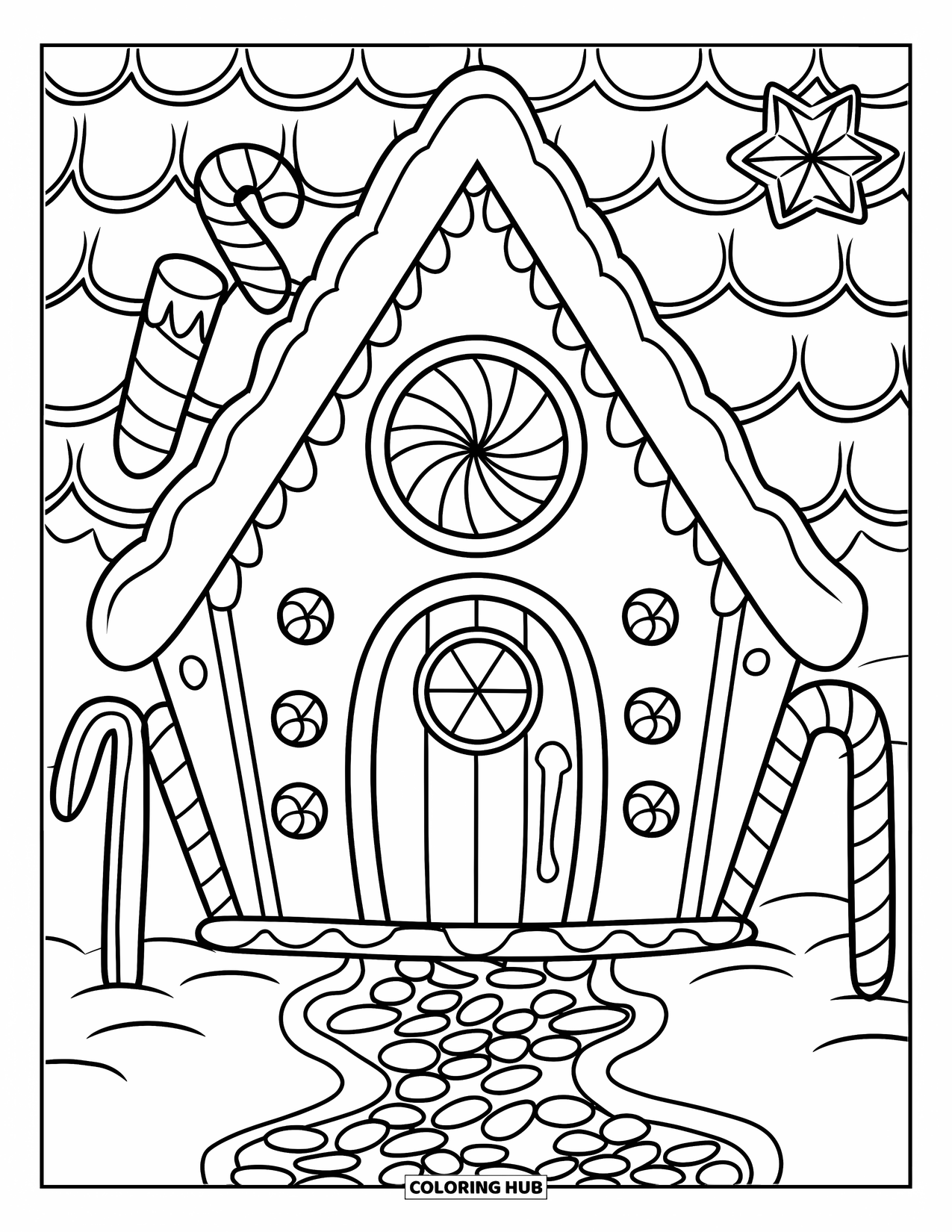 Desen de colorat cu o căsuță de turtă dulce pentru copii: O casă festivă de turtă dulce, cu un vârtej de mentă și o alee acoperită cu jeleuri