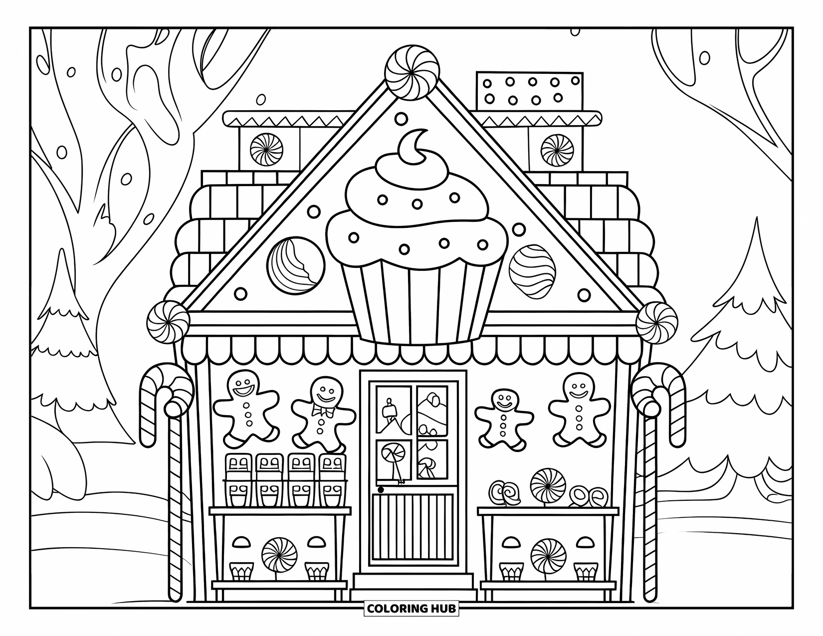 Desen de colorat cu o căsuță de turtă dulce pentru copii: Un magazin festiv de turtă dulce, cu dropsuri, bastoane de acadea și dulciuri expuse