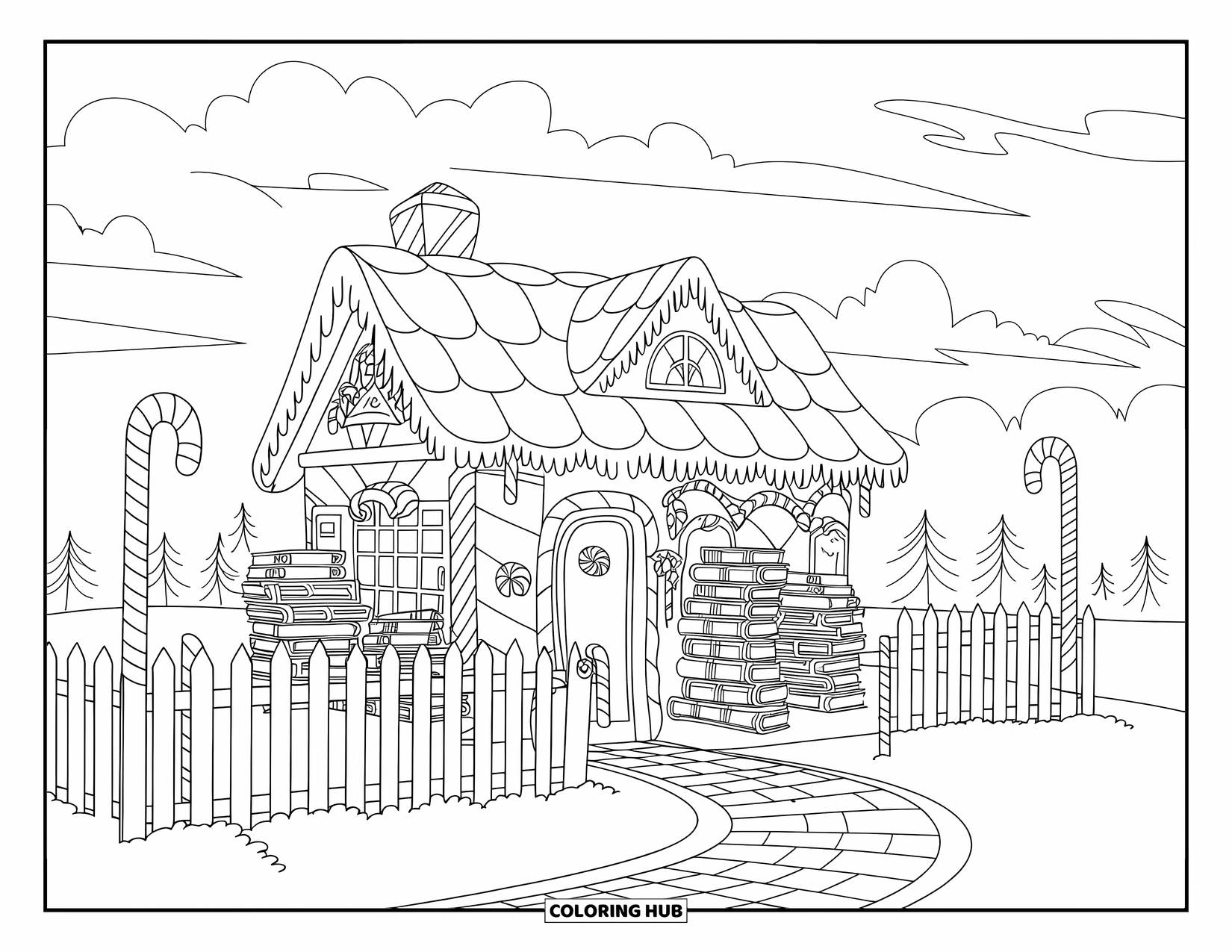 Desen de colorat cu o căsuță de turtă dulce pentru copii: O librărie de turtă dulce cu un gard de scânduri și o potecă de cărămidă roșie