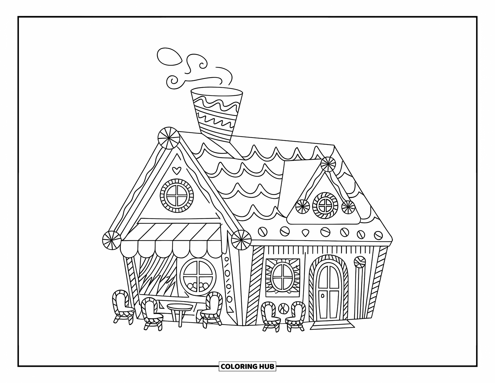 Desen de colorat cu o căsuță de turtă dulce pentru copii: O cafenea de turtă dulce cu un coș de fum cu o ceașcă aburindă și scaune acoperite cu bomboane