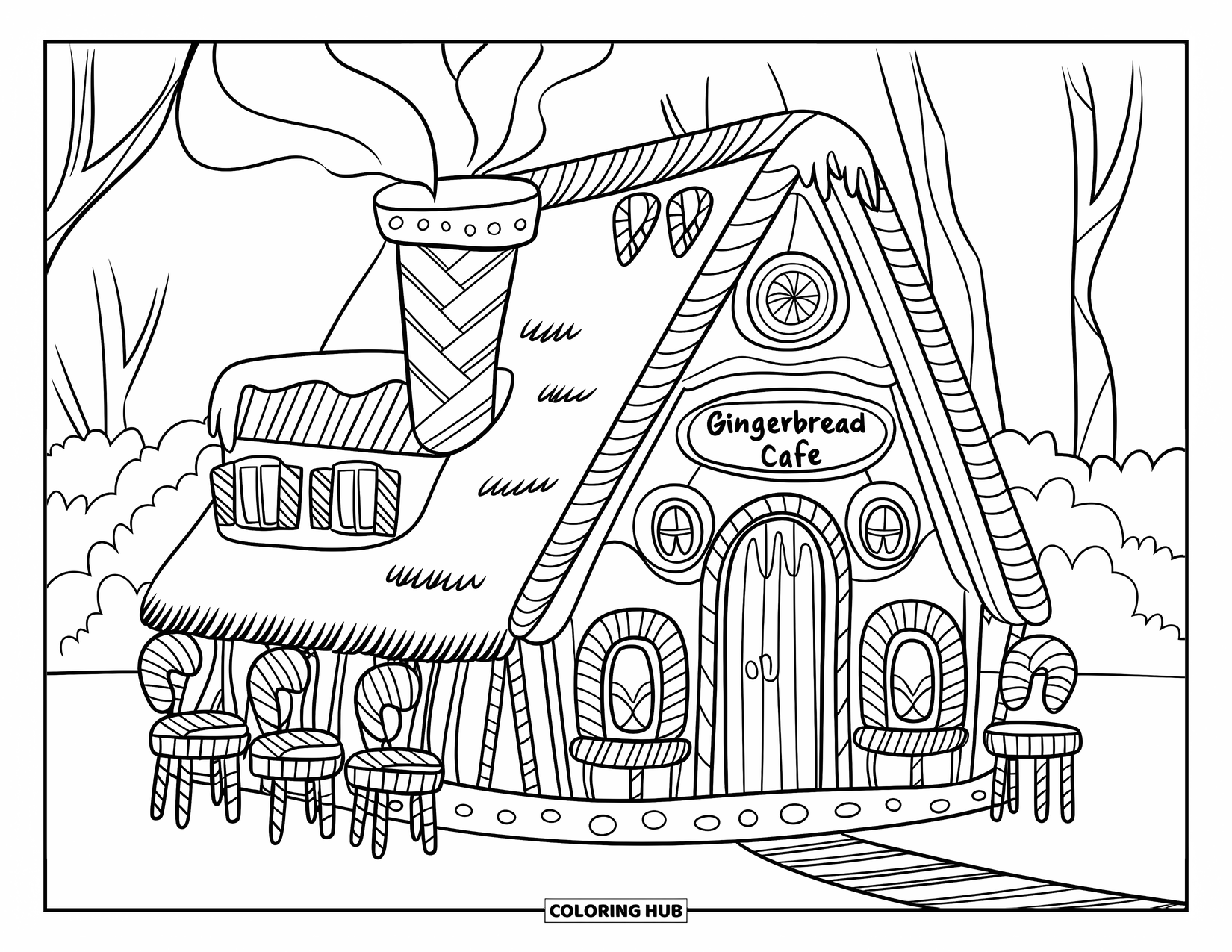 Desen de colorat cu o căsuță de turtă dulce pentru copii: O cafenea de turtă dulce cu un acoperiș din paie și o potecă cu dungi de bomboane