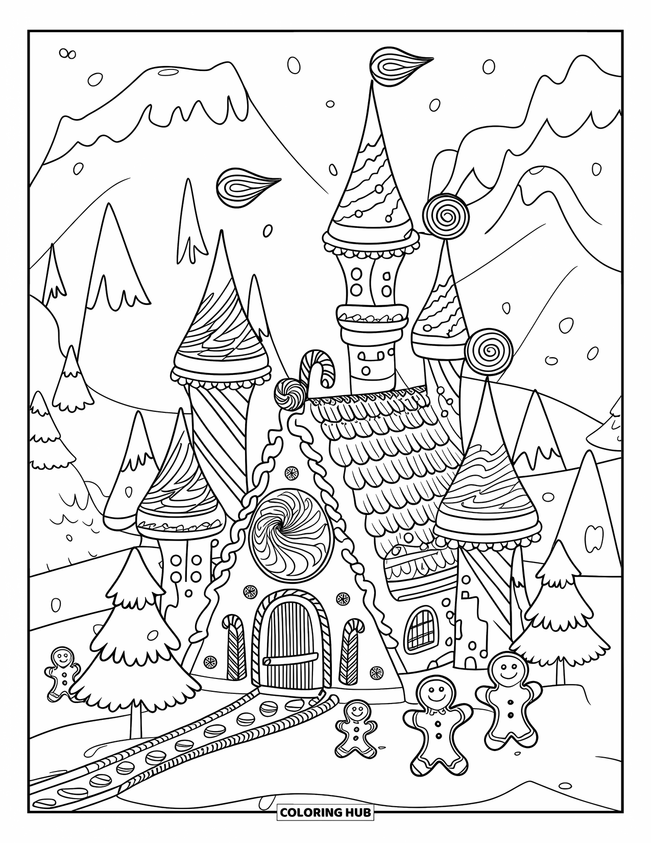 Desen de colorat cu o căsuță de turtă dulce pentru copii: Un castel de turtă dulce cu turnuri acoperite cu acadele spiralate și un pod mobil de bomboane