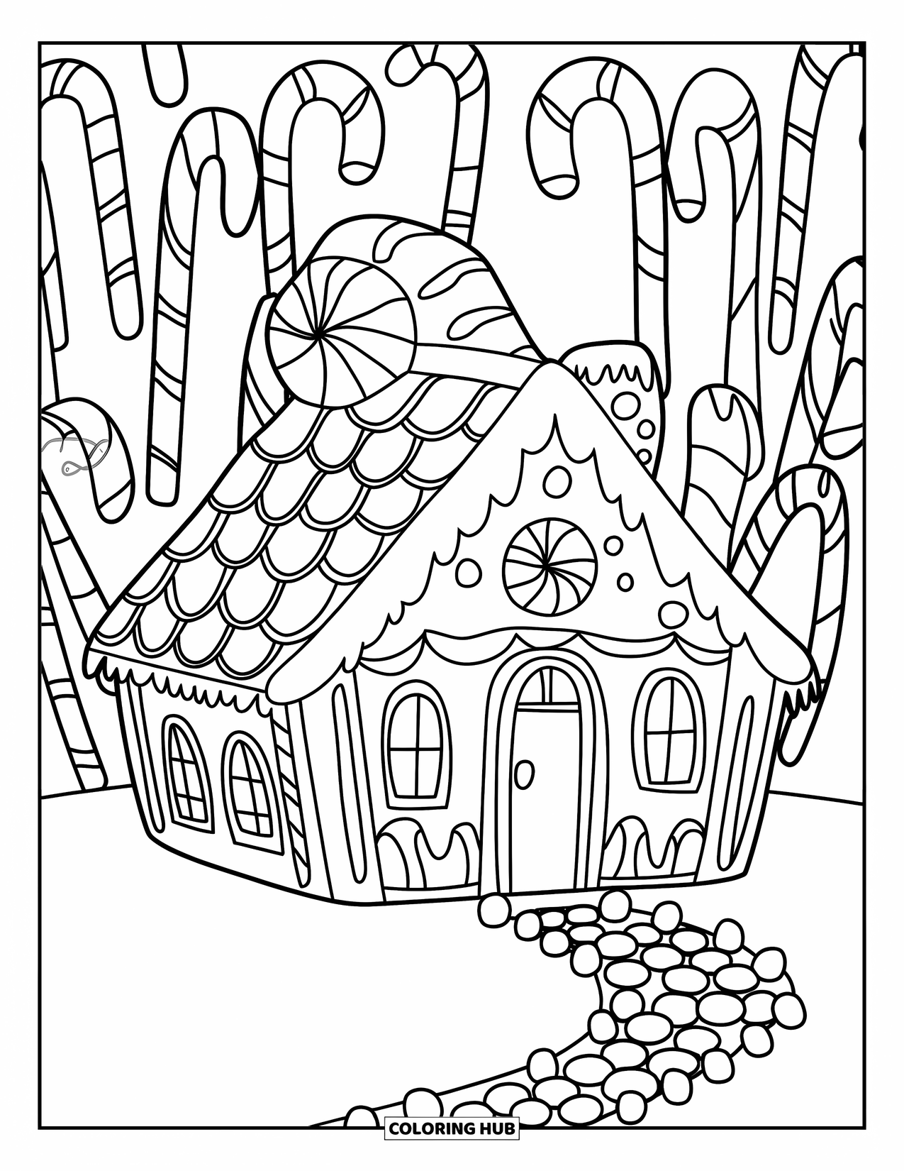Desen de colorat cu o căsuță de turtă dulce pentru copii: O casă de turtă dulce cu un acoperiș de mentă, o potecă de jeleuri și copaci din bastoane de acadea