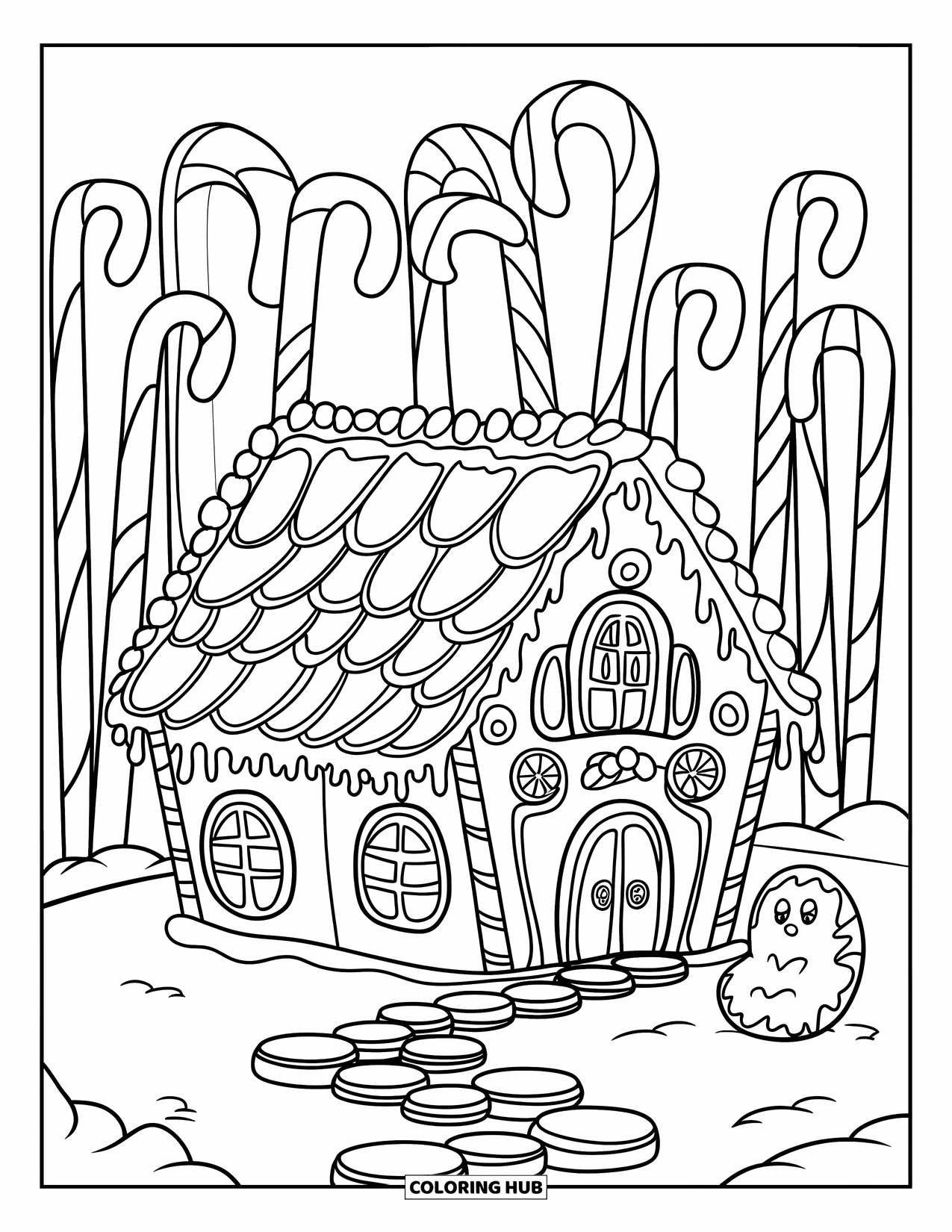 Desen de colorat cu o căsuță de turtă dulce pentru copii: O casă de turtă dulce cu un acoperiș din paie, o potecă de biscuiți și o pădure de bastoane de acadea