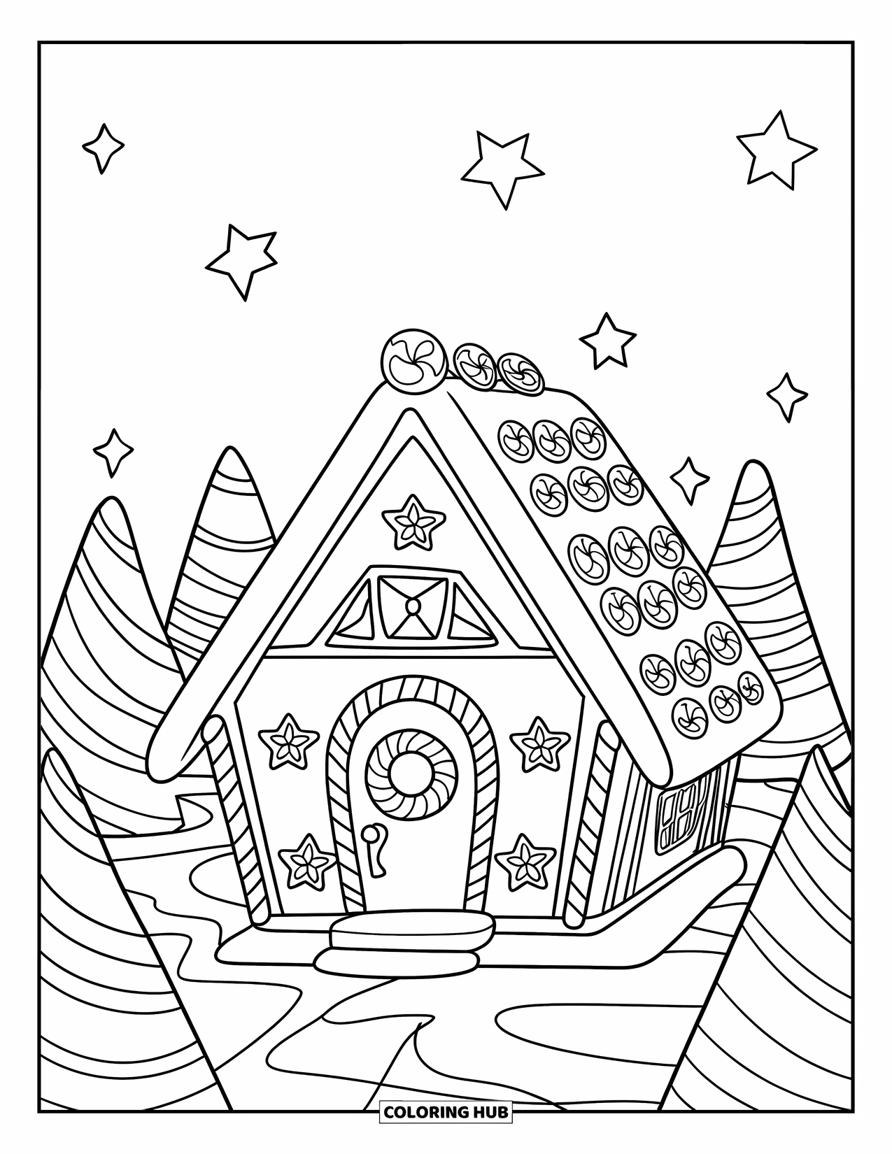 Desen de colorat cu o căsuță de turtă dulce pentru copii: O casă de turtă dulce cu biscuiți în formă de stea pe acoperiș și un fundal înzăpezit