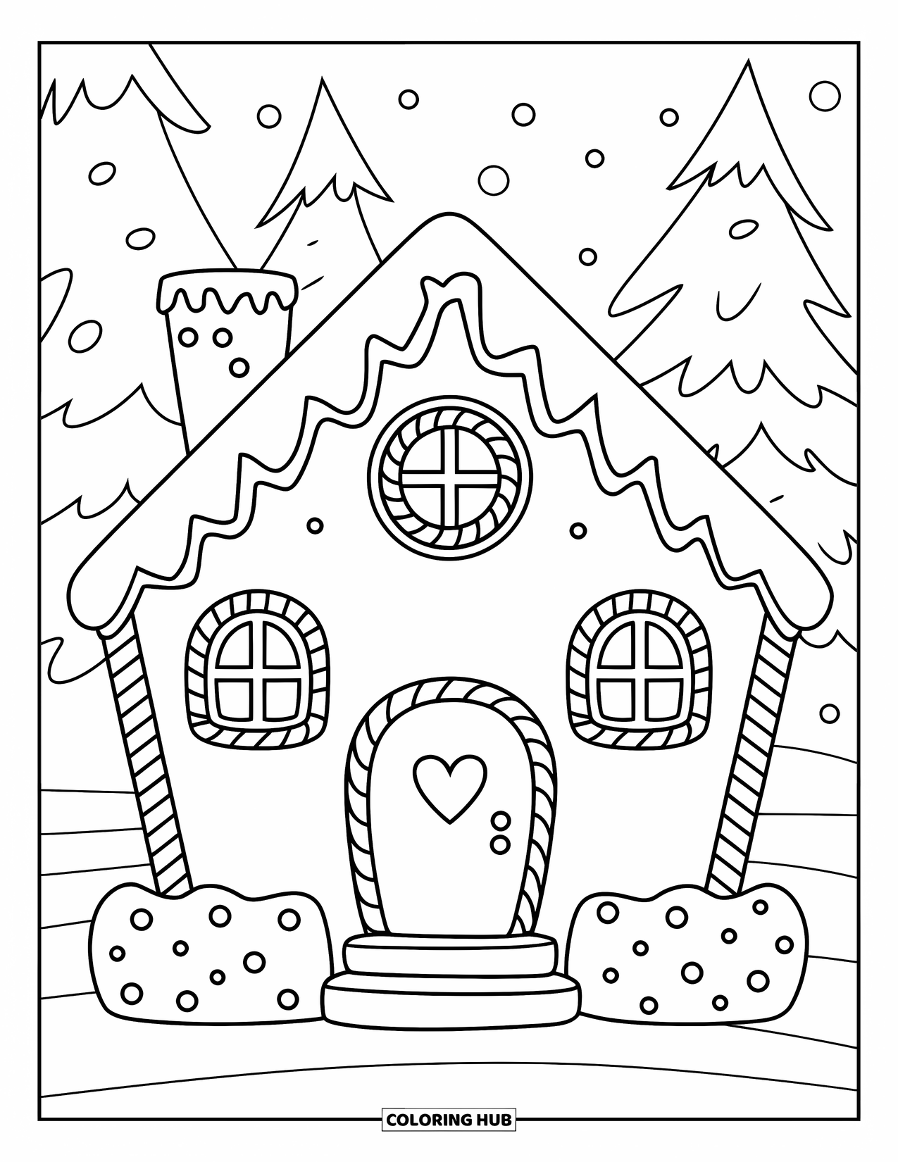 Desen de colorat cu o căsuță de turtă dulce pentru copii: O casă de turtă dulce cu două ferestre mici de bomboane, o intrare în formă de inimă și un acoperiș de glazură