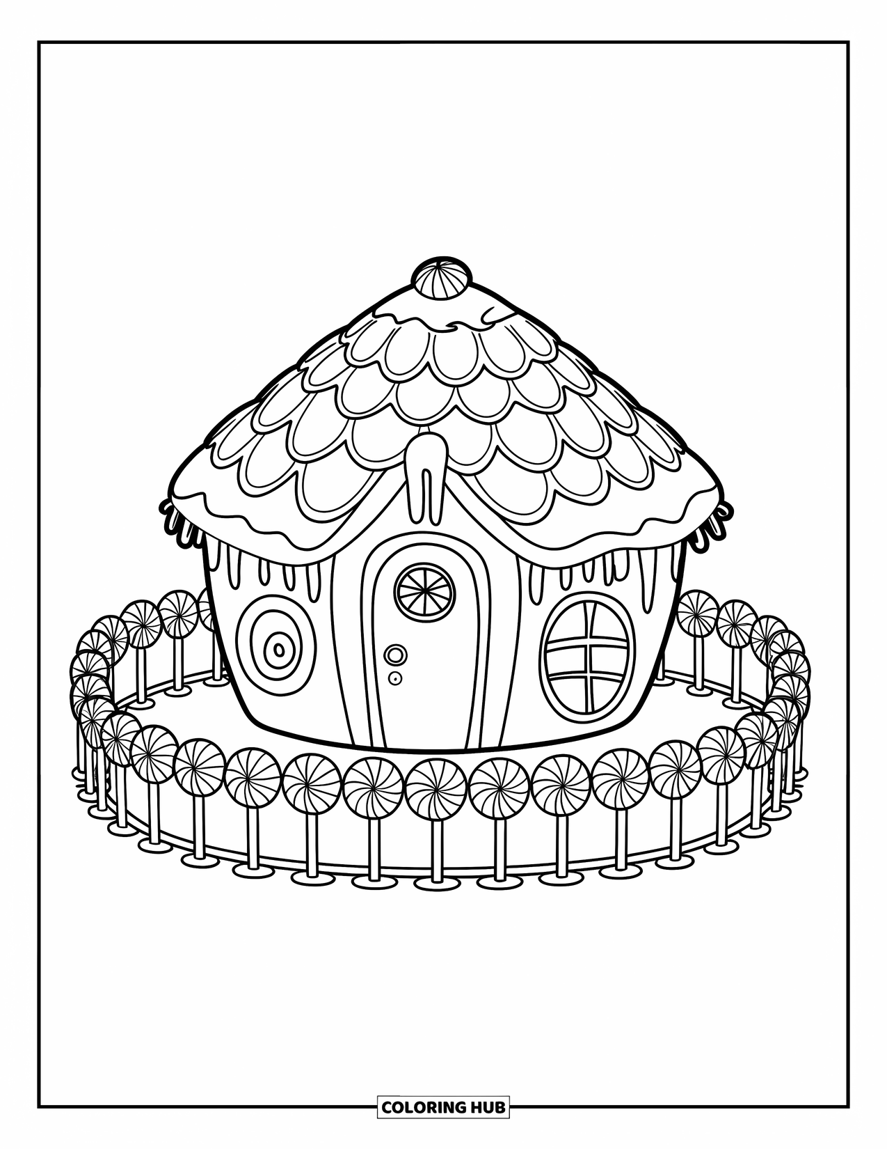 Desen de colorat cu o căsuță de turtă dulce pentru copii: O colibă de turtă dulce cu glazură pufoasă și un gard colorat din acadele care o înconjoară