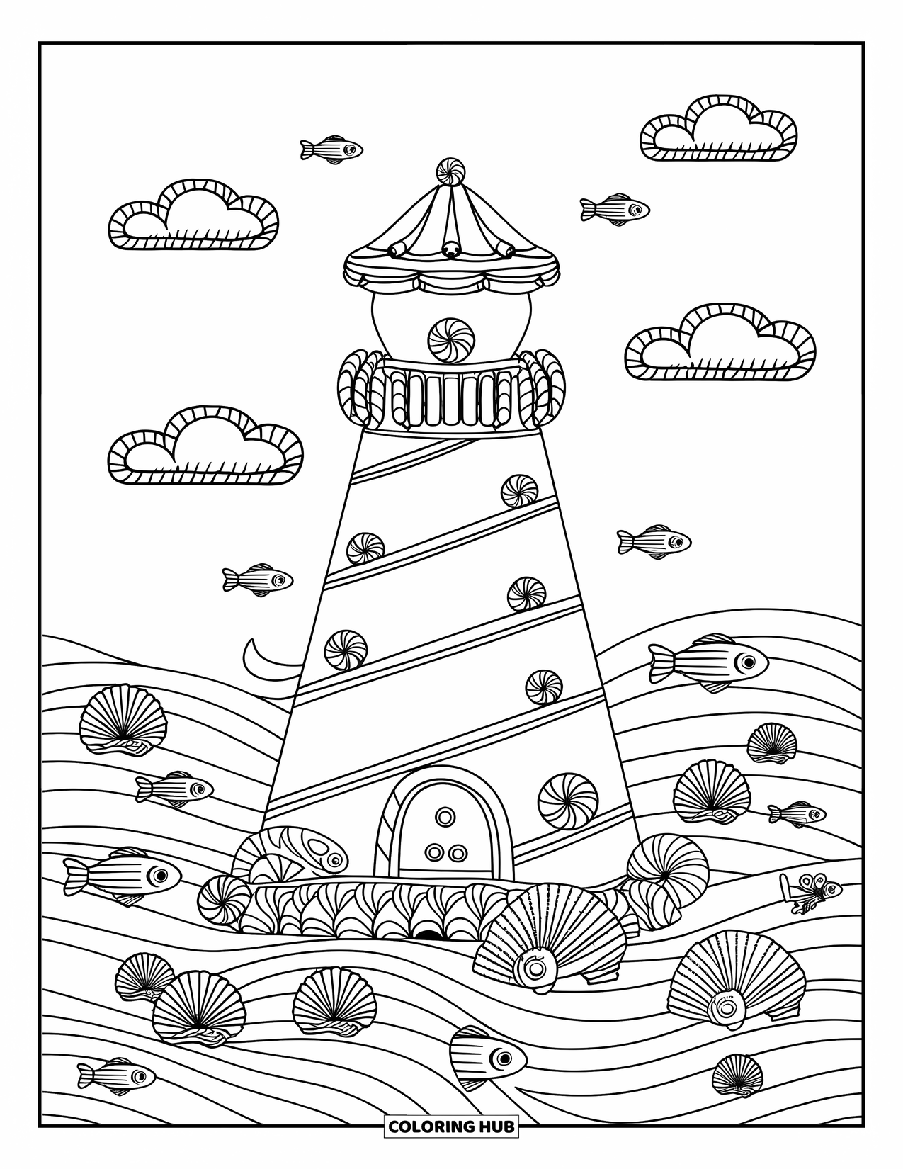 Desen de colorat cu o căsuță de turtă dulce pentru copii: Un far de turtă dulce înconjurat de scoici acoperite cu bomboane și nori din dropsuri