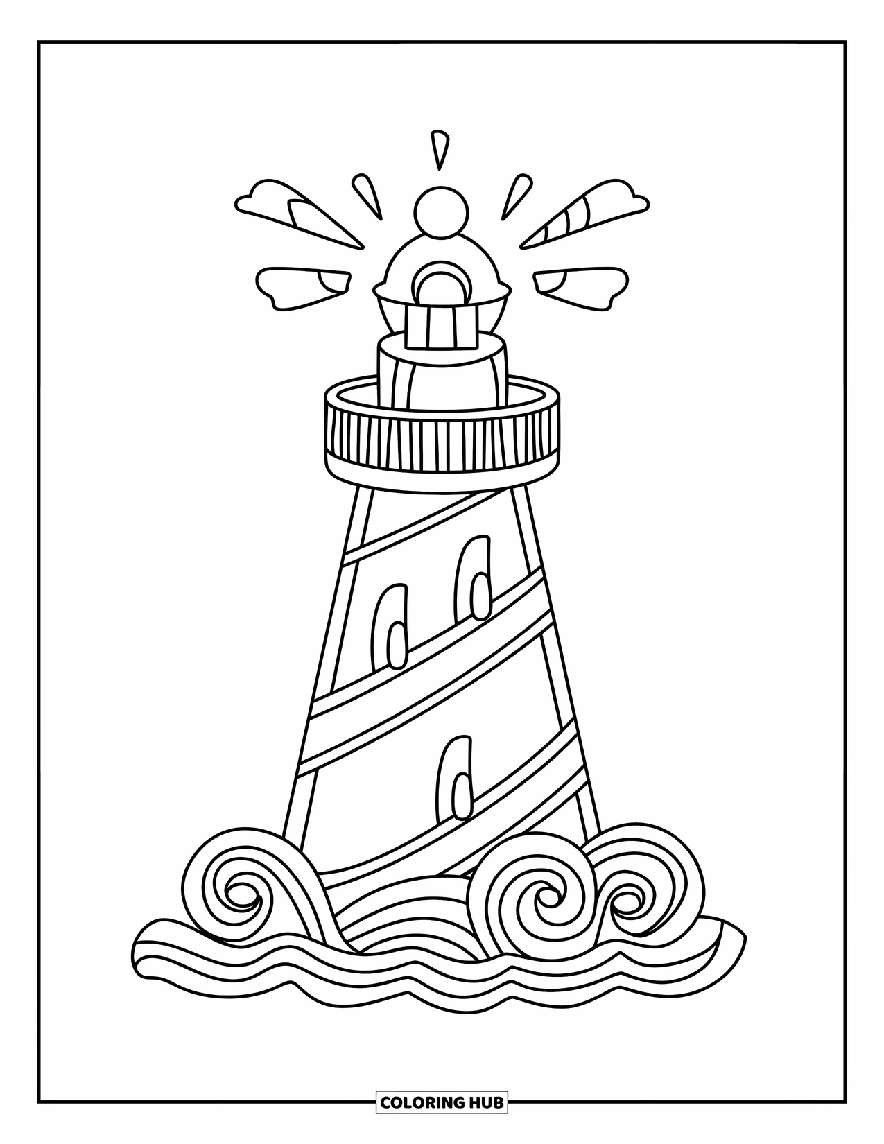Desen de colorat cu o căsuță de turtă dulce pentru copii: Un far de turtă dulce cu o formă conică, valuri de glazură și un semnal luminos din dropsuri