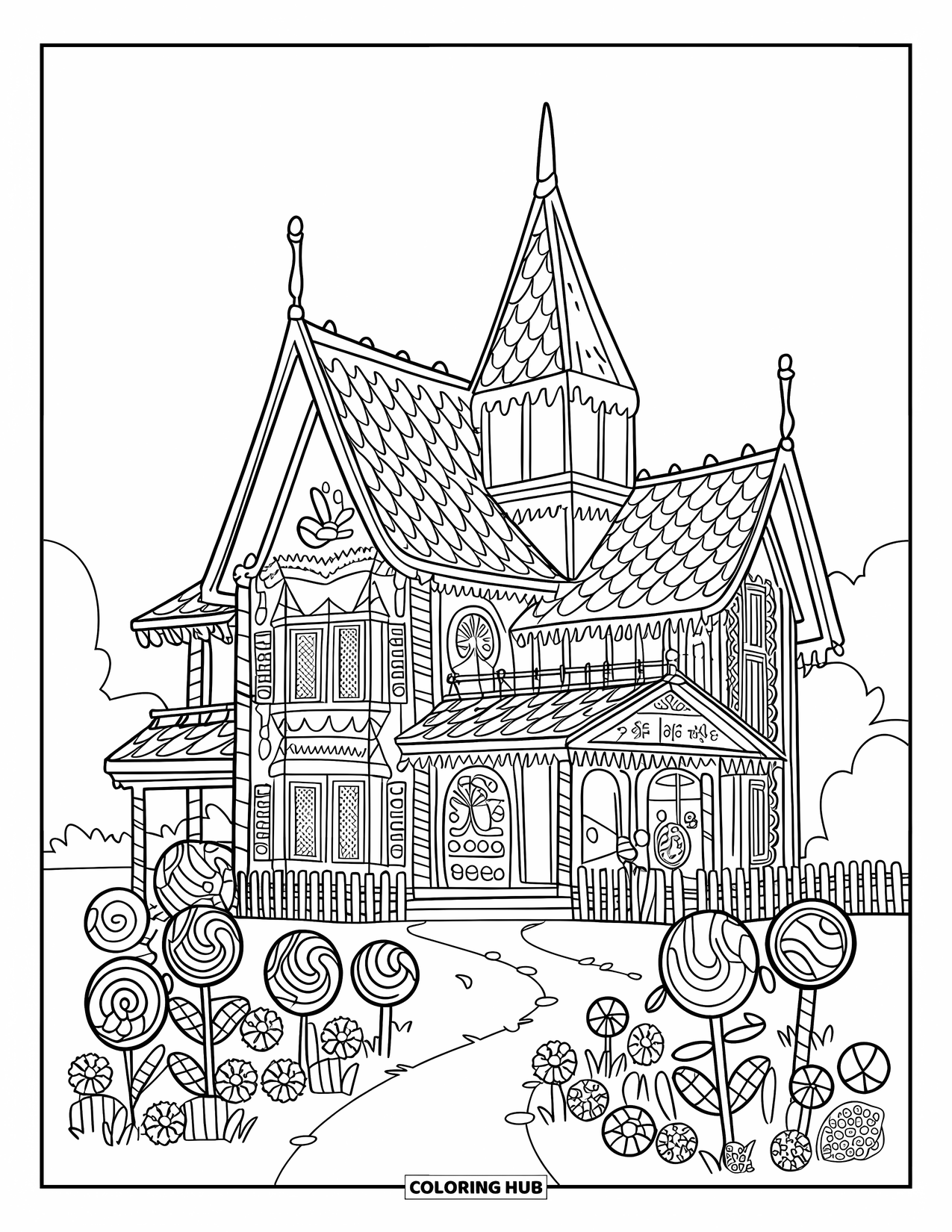Desen de colorat cu o căsuță de turtă dulce pentru copii: Un conac de turtă dulce cu un acoperiș ascuțit, un gard de scânduri și o grădină plină de bomboane