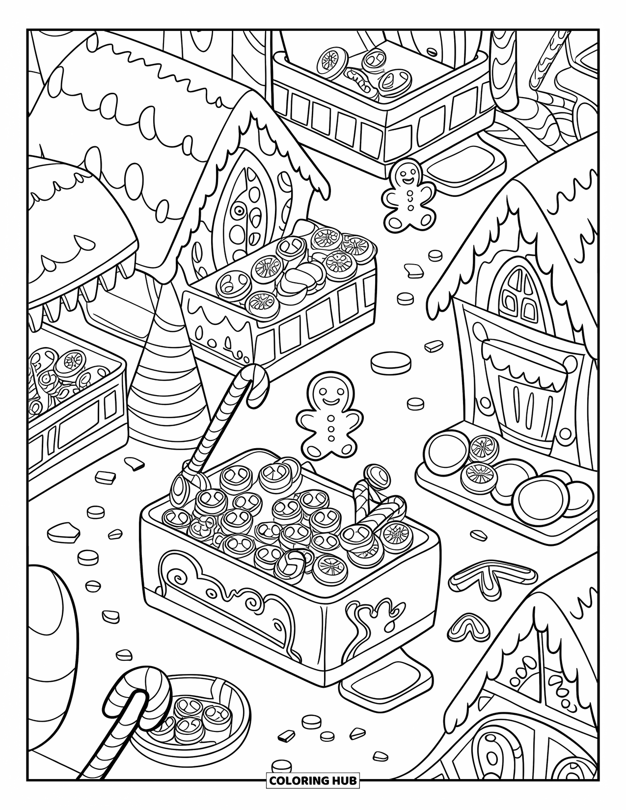 Desen de colorat cu o căsuță de turtă dulce pentru copii: O piață de turtă dulce cu tarabe mici de bomboane și dulciuri