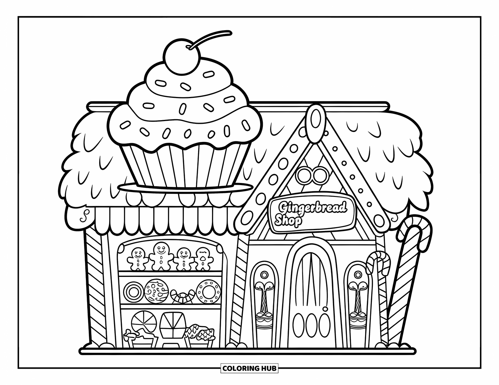 Desen de colorat cu o căsuță de turtă dulce pentru copii: Un magazin de turtă dulce cu un acoperiș de brioșă și rafturi pline cu biscuiți și bomboane