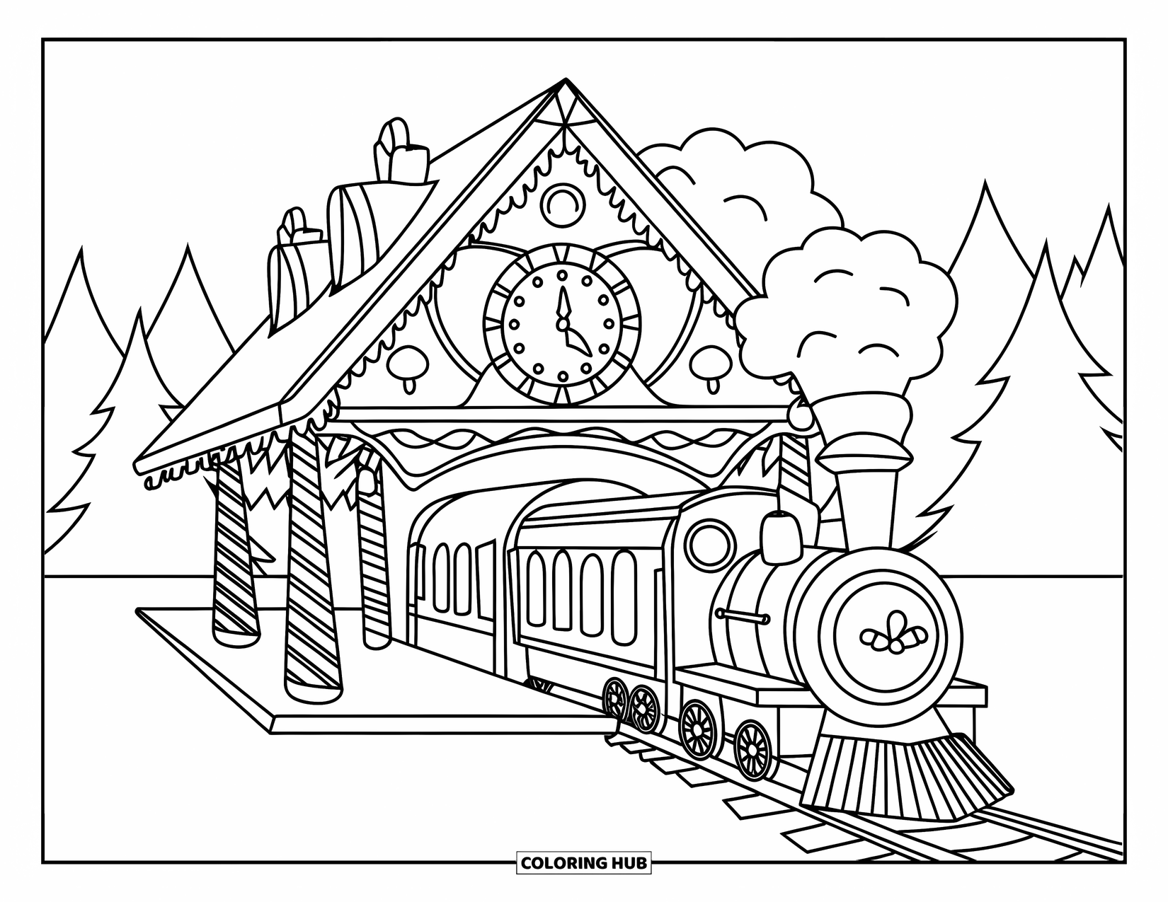 Desen de colorat cu o căsuță de turtă dulce pentru copii: O gară de turtă dulce cu un ceas de mentă și pufuri de marshmallow pentru fumul trenului