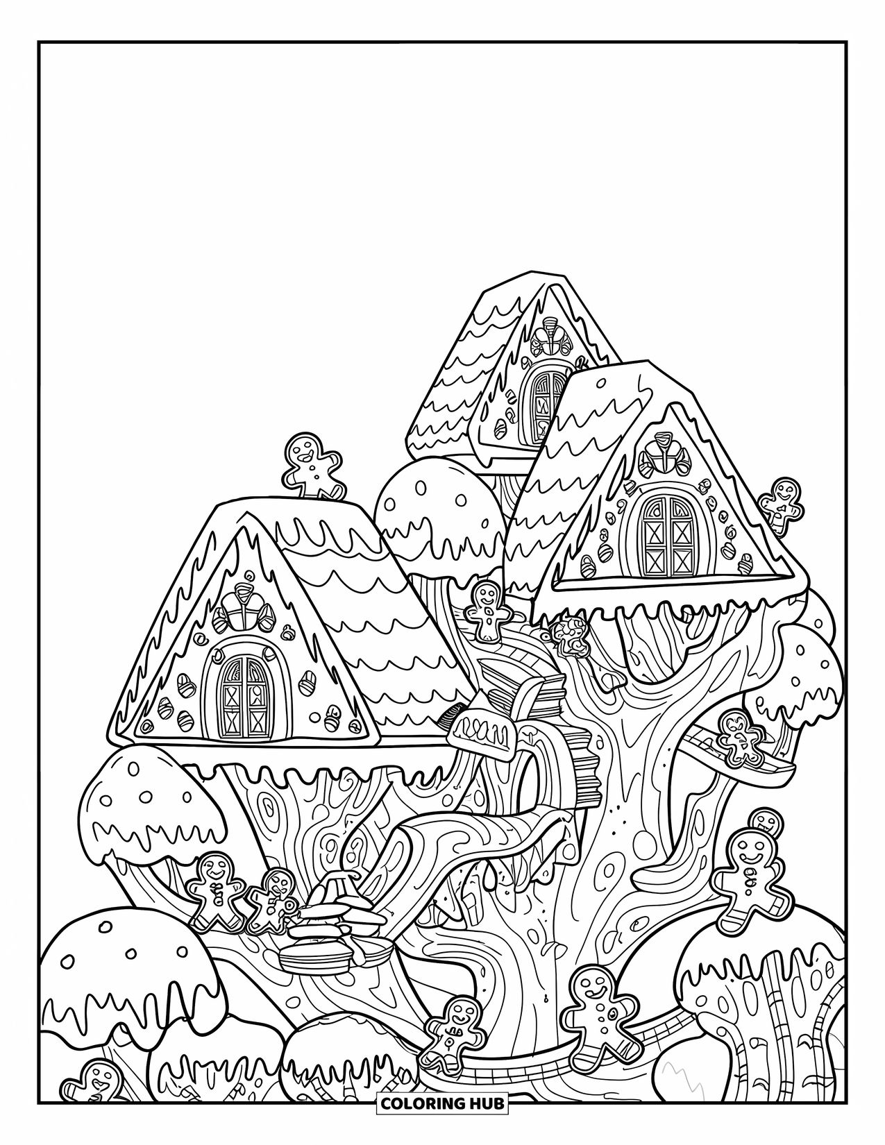 Desen de colorat cu o căsuță de turtă dulce pentru copii: Un sat în copac de turtă dulce, cu copaci de biscuiți și poduri de lemn