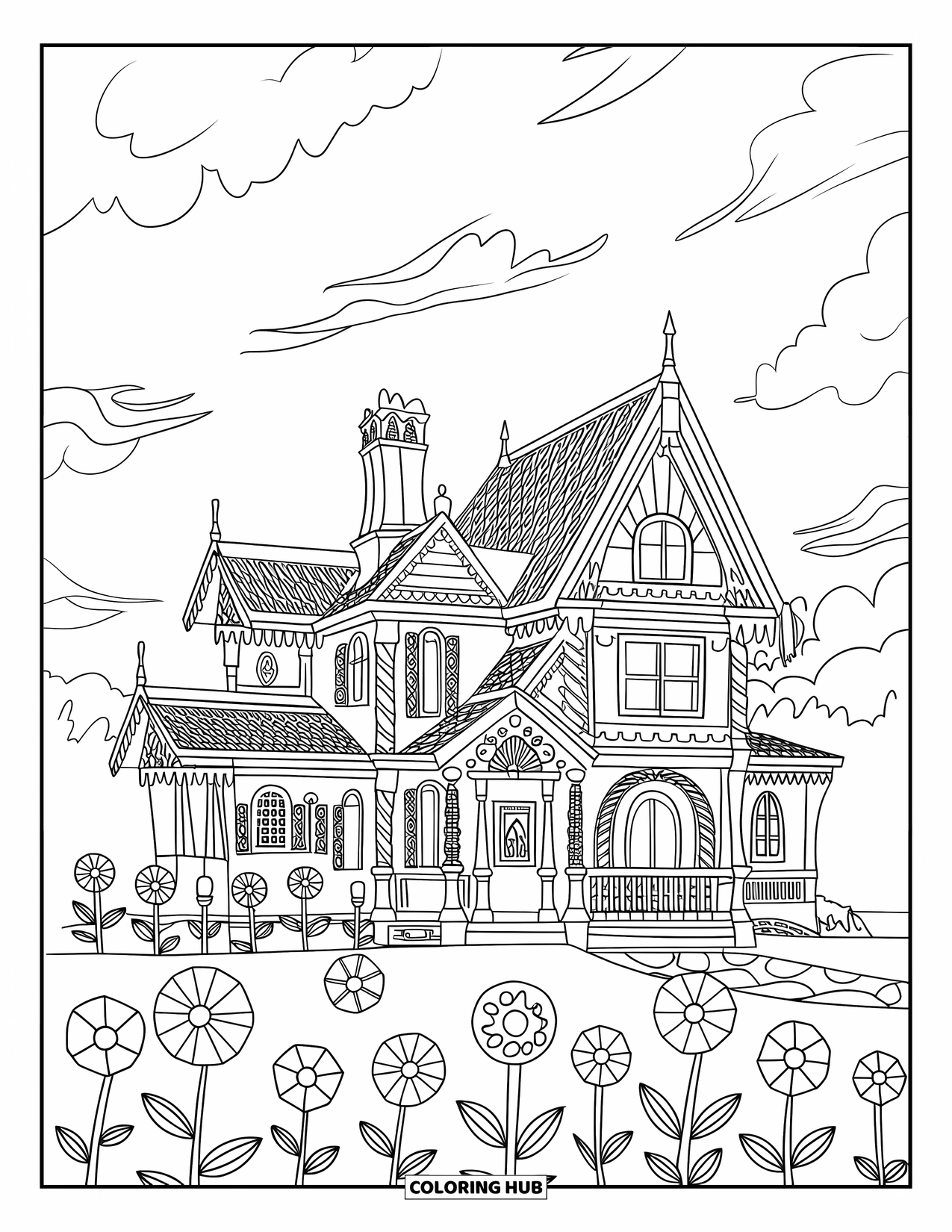 Desen de colorat cu o căsuță de turtă dulce pentru copii: Un conac grandios de turtă dulce, cu detalii de glazură și o grădină cu flori de bomboane