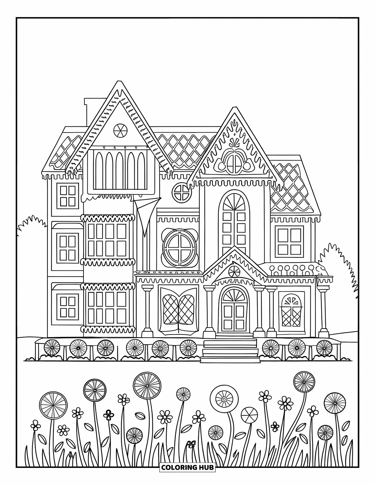 Desen de colorat cu o căsuță de turtă dulce pentru copii: Un conac grandios de turtă dulce, cu detalii de glazură și o grădină de flori de bomboane