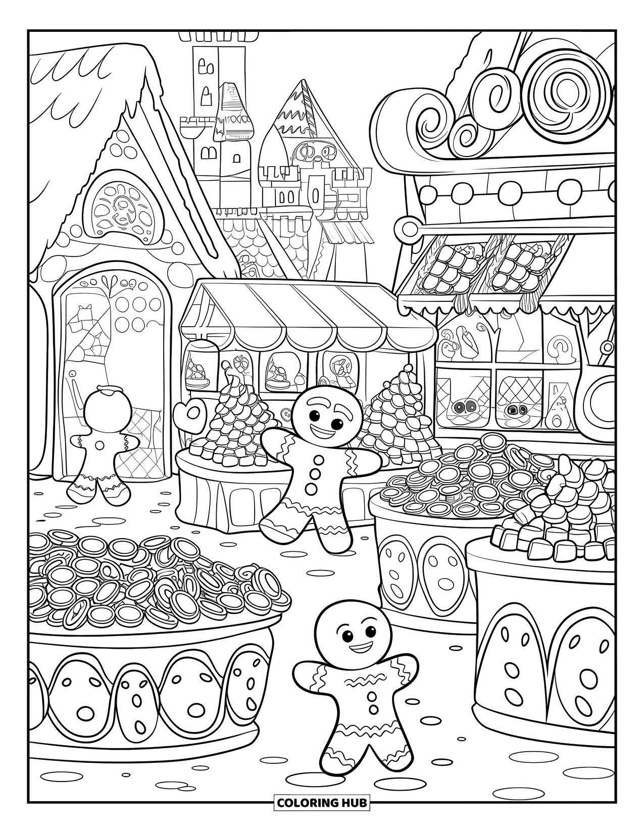 Desen de colorat cu o căsuță de turtă dulce pentru copii: O piață animată de turtă dulce, cu tarabe de bomboane și oameni de turtă dulce