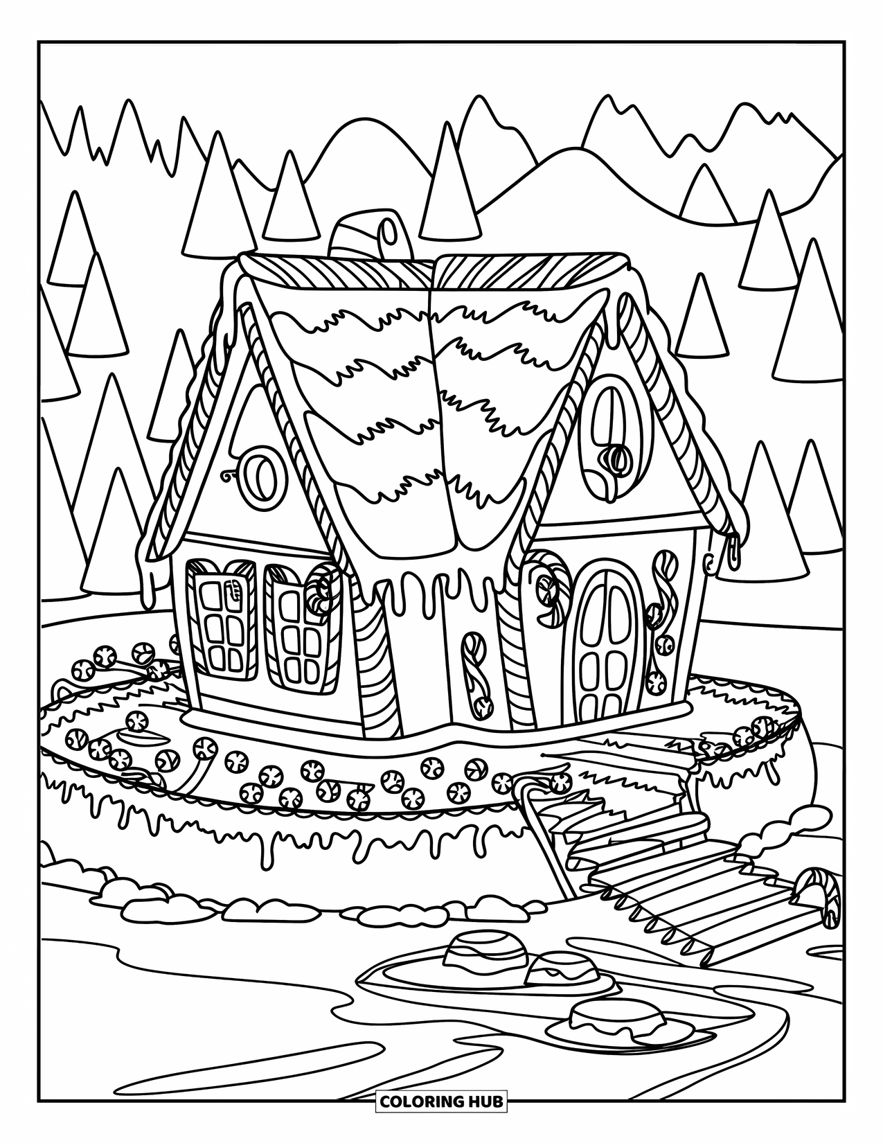 Desen de colorat cu o căsuță de turtă dulce pentru copii: O casă de turtă dulce de dimensiuni medii, cu glazură care se scurge, borduri din bastoane de acadea și o potecă de biscuiți