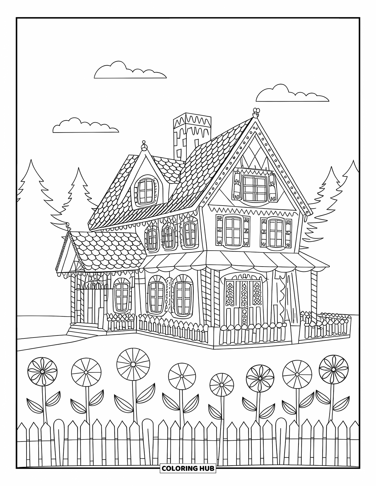 Desen de colorat cu o căsuță de turtă dulce pentru copii: Un conac de turtă dulce cu mai multe etaje, cu un gard de scânduri și o grădină plină de bomboane