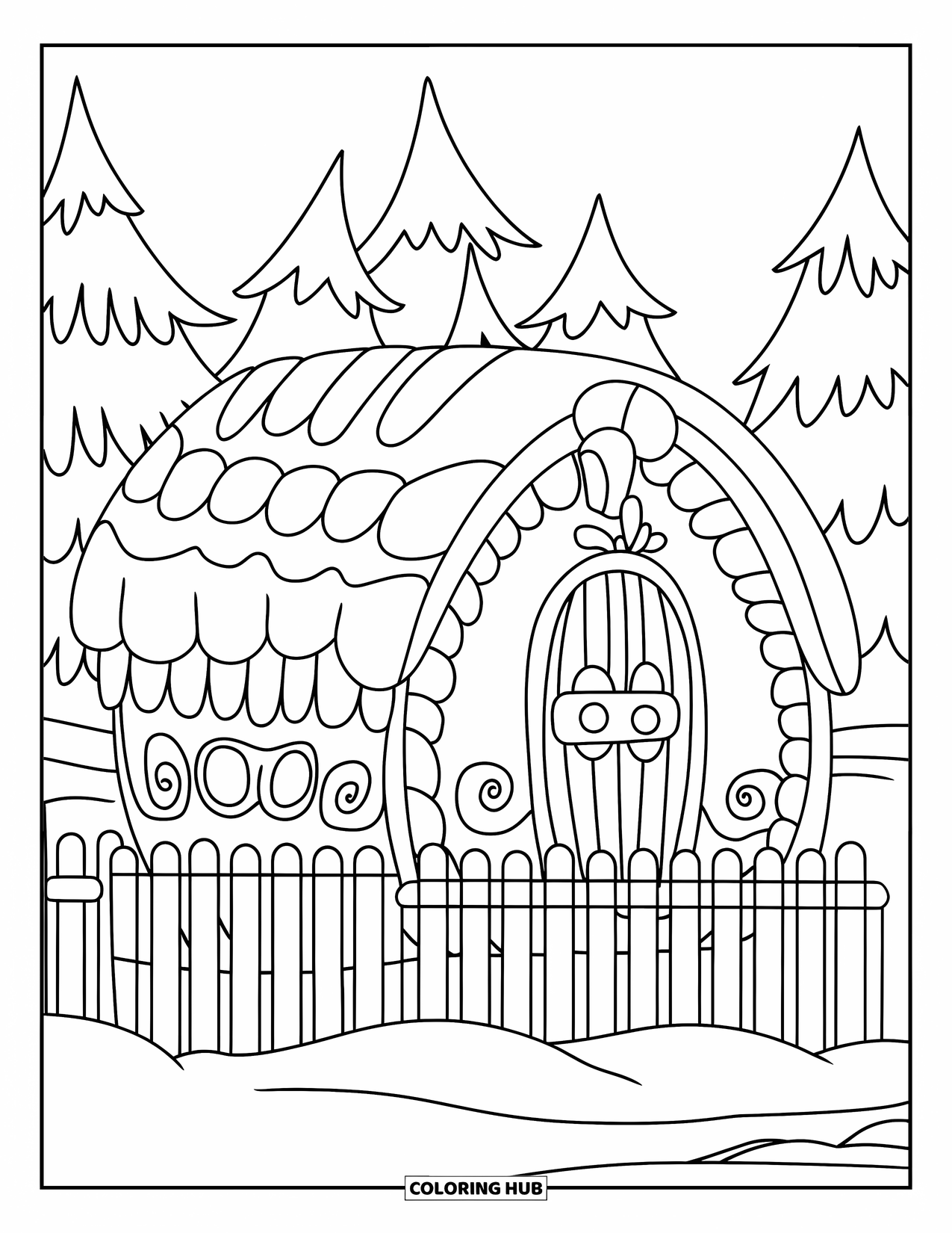 Desen de colorat cu o căsuță de turtă dulce pentru copii: O colibă rotundă de turtă dulce, cu detalii pufoase de glazură și un gard din acadele