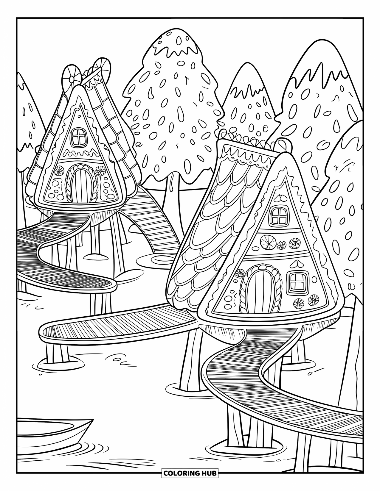 Desen de colorat cu o căsuță de turtă dulce pentru copii: Un sat în copac făcut din turtă dulce, conectat prin poduri de lemn