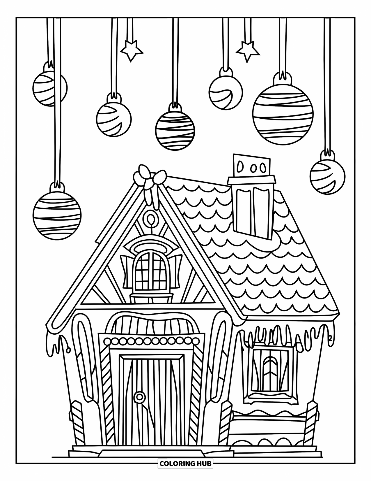 Desen de colorat cu o căsuță de turtă dulce pentru copii: O casă de turtă dulce cu două etaje, cu felinare din dropsuri și streașină acoperită cu glazură