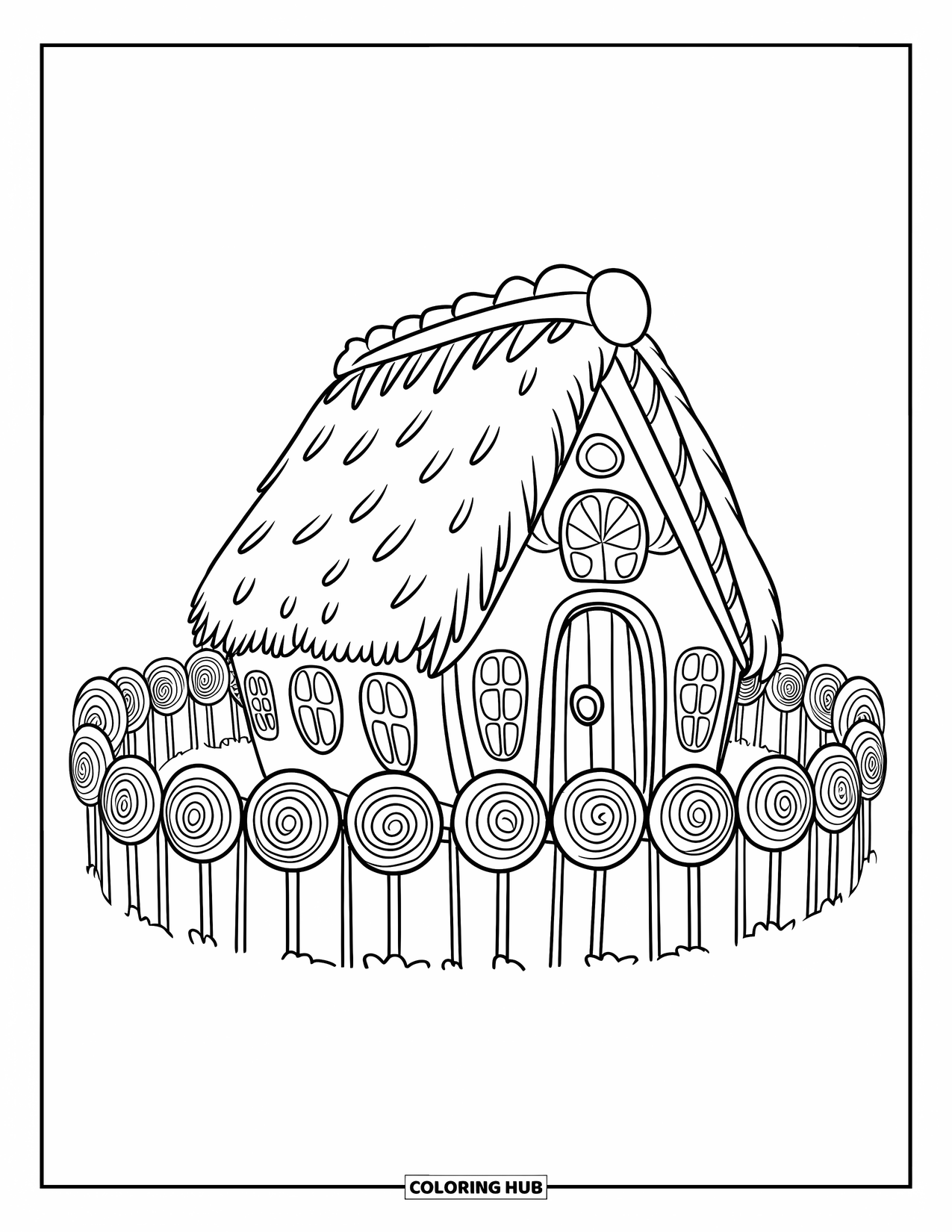 Desen de colorat cu o căsuță de turtă dulce pentru copii: O colibă capricioasă de turtă dulce, cu un gard acoperit cu bomboane, făcut din acadele gigantice