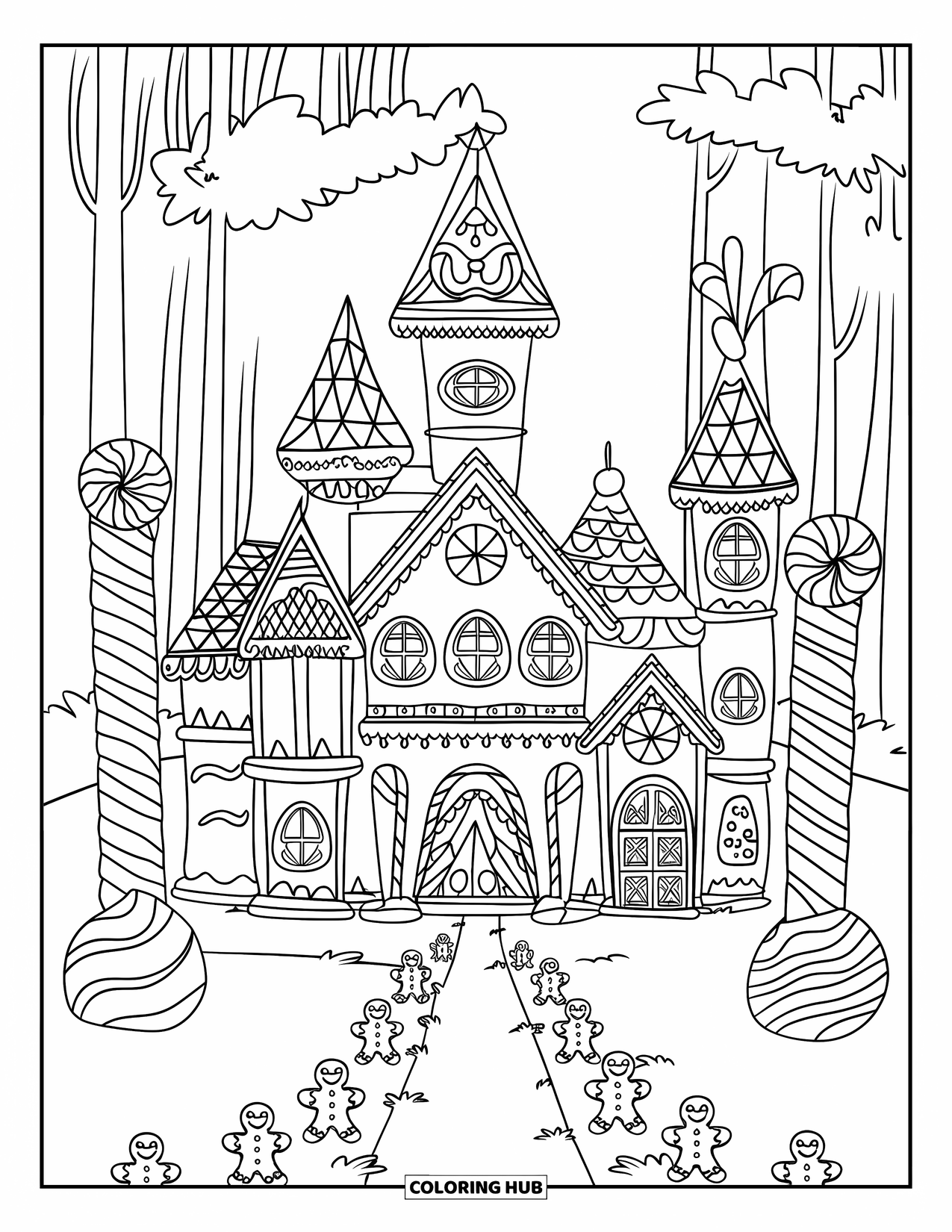 Desen de colorat cu o căsuță de turtă dulce pentru copii: Un palat capricios de turtă dulce, cu detalii de glazură și o potecă de turtă dulce