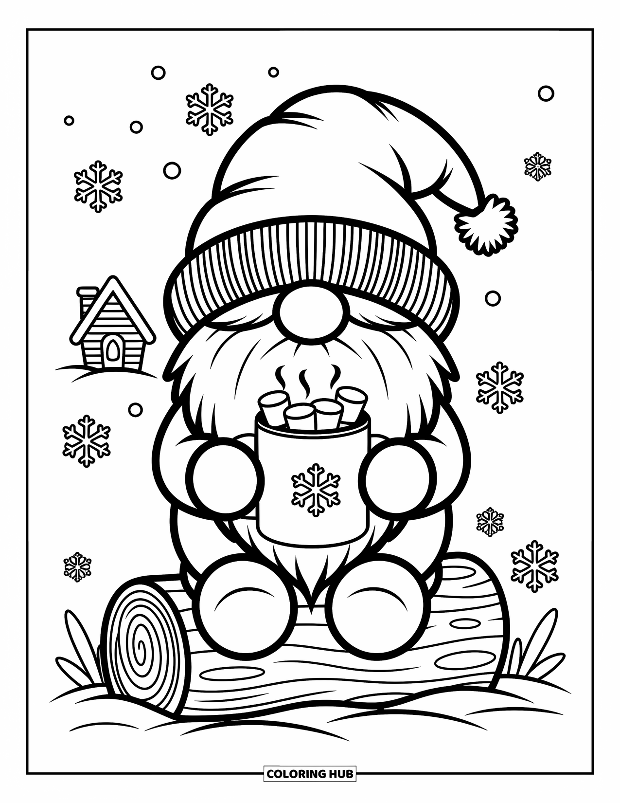 Desen de colorat cu gnom pentru adulți: Un gnom confortabil cu cacao, înconjurat de fulgi de zăpadă și o cabană strălucitoare