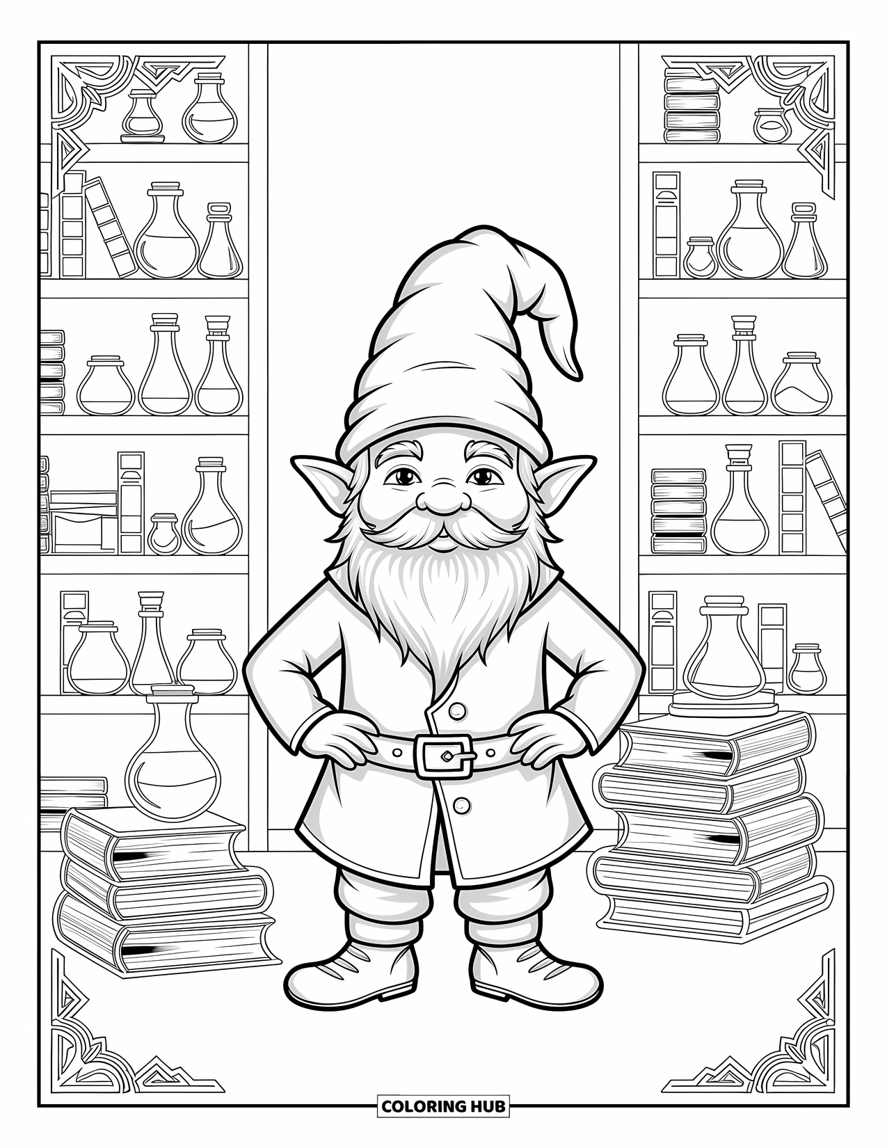 Desen de colorat cu gnom pentru adulți: Un gnom alchimist înconjurat de poțiuni, cărți și simboluri mistice