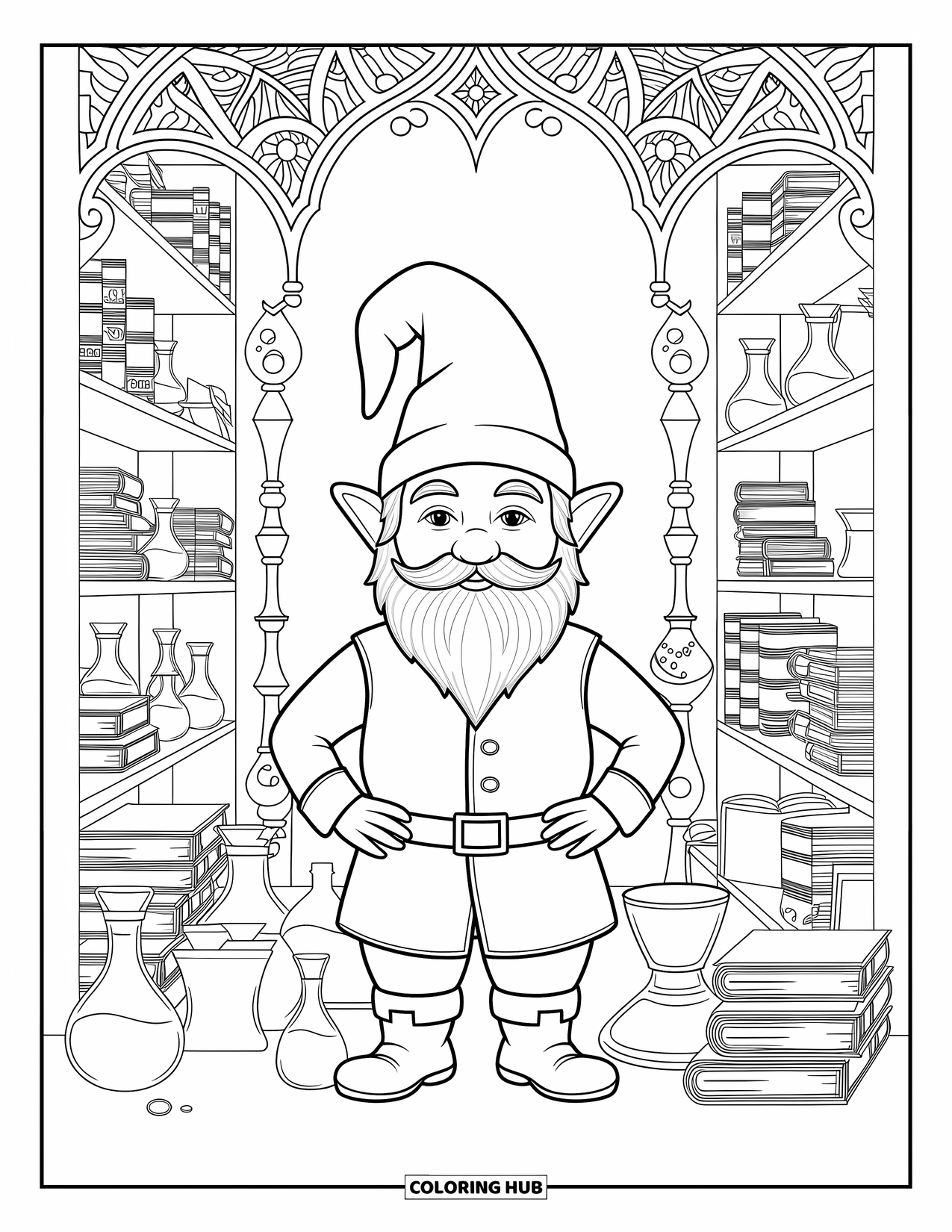Desen de colorat cu gnom pentru adulți: Un gnom alchimist cu rafturi de poțiuni și simboluri arcane complicate