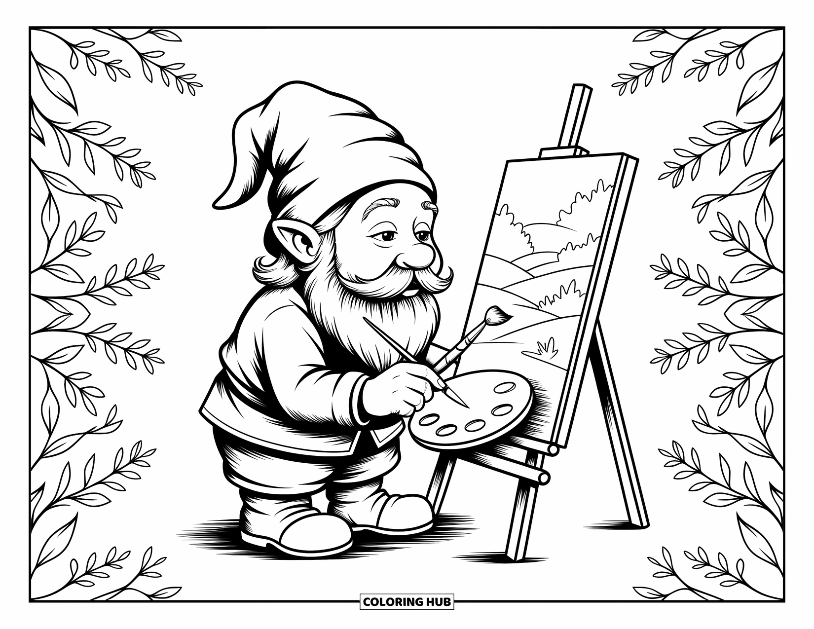 Desen de colorat cu gnom pentru adulți: Un gnom artist pictând cu o paletă, înconjurat de modele florale detaliate