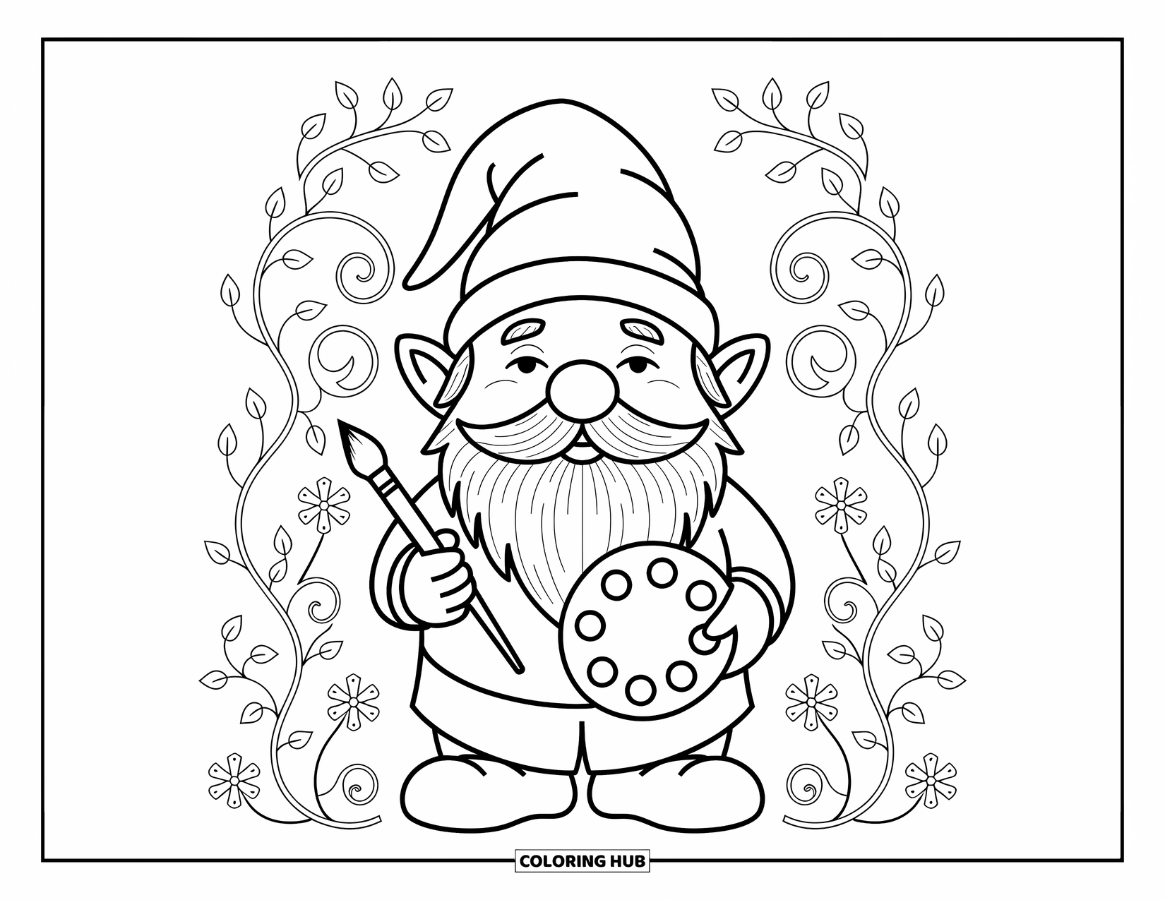 Desen de colorat cu gnom pentru adulți: Un gnom artist cu o pensulă și o paletă într-o scenă complexă de pădure