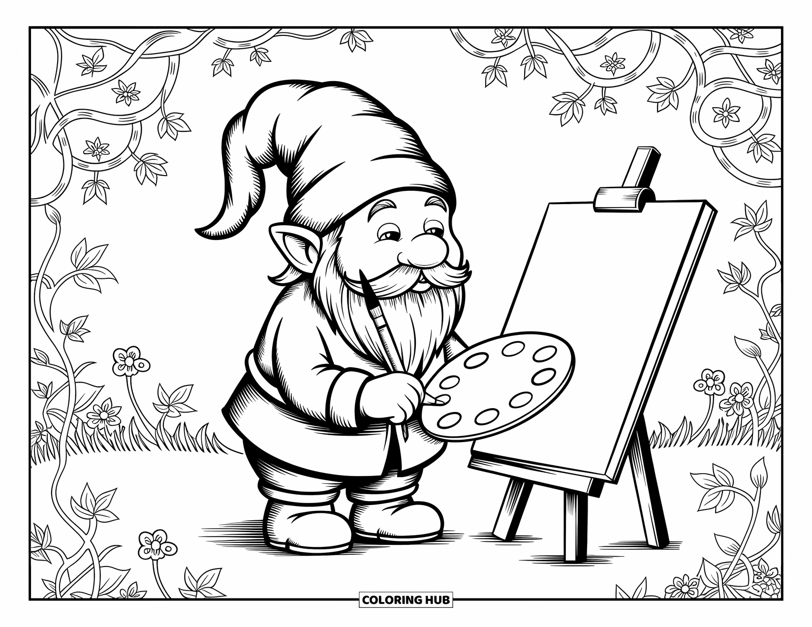 Desen de colorat cu gnom pentru adulți: Un gnom artist cu o paletă, înconjurat de modele și flori complicate