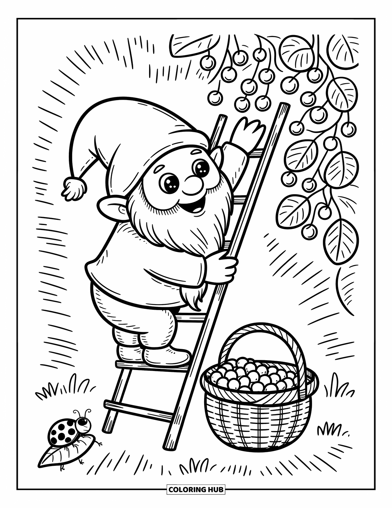 Desen de colorat cu gnom pentru adulți: Un gnom care urcă pe o scară pentru a culege fructe de pădure cu o buburuză în apropiere