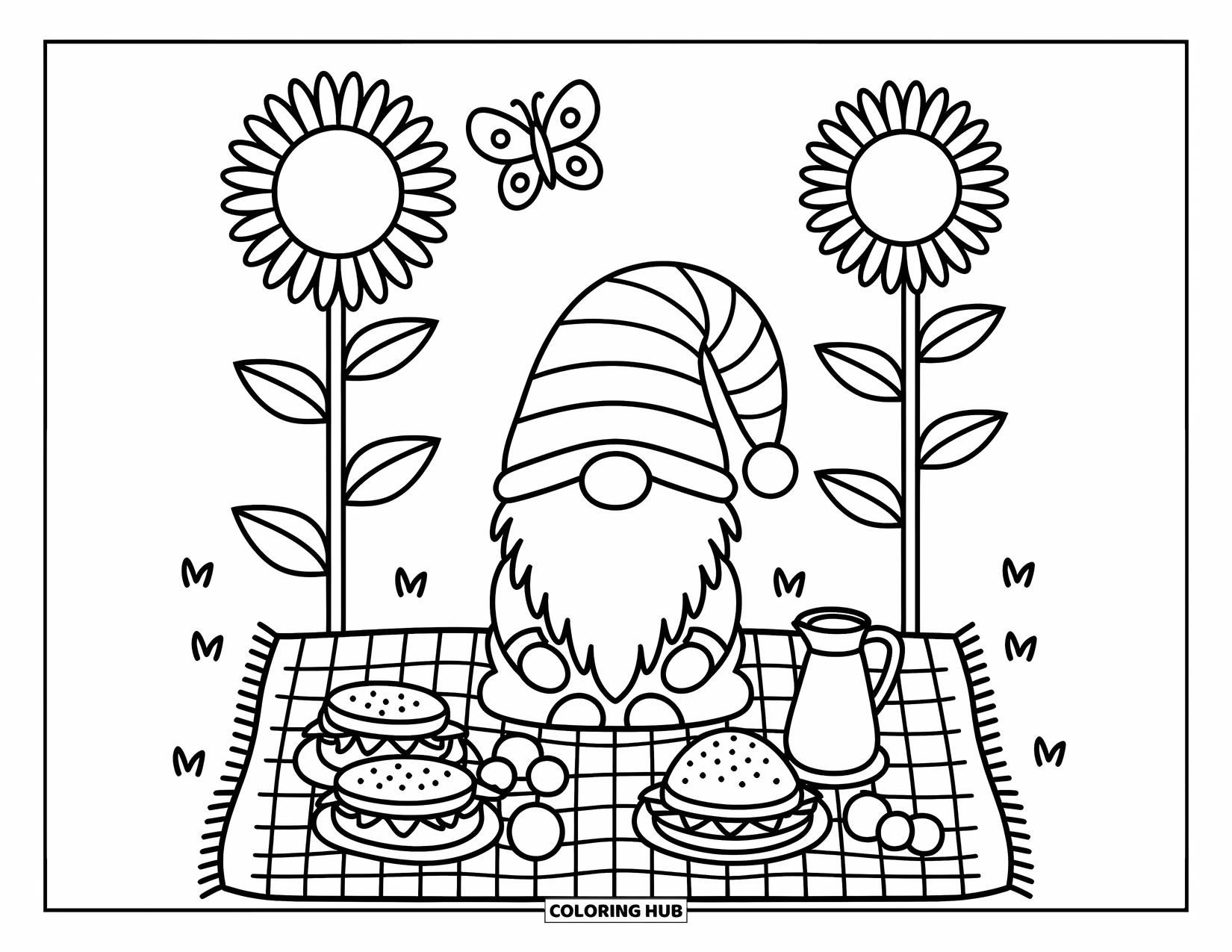 Desen de colorat cu gnom pentru adulți: Un gnom care se bucură de un picnic sub floarea-soarelui înalte cu un fluture care plutește
