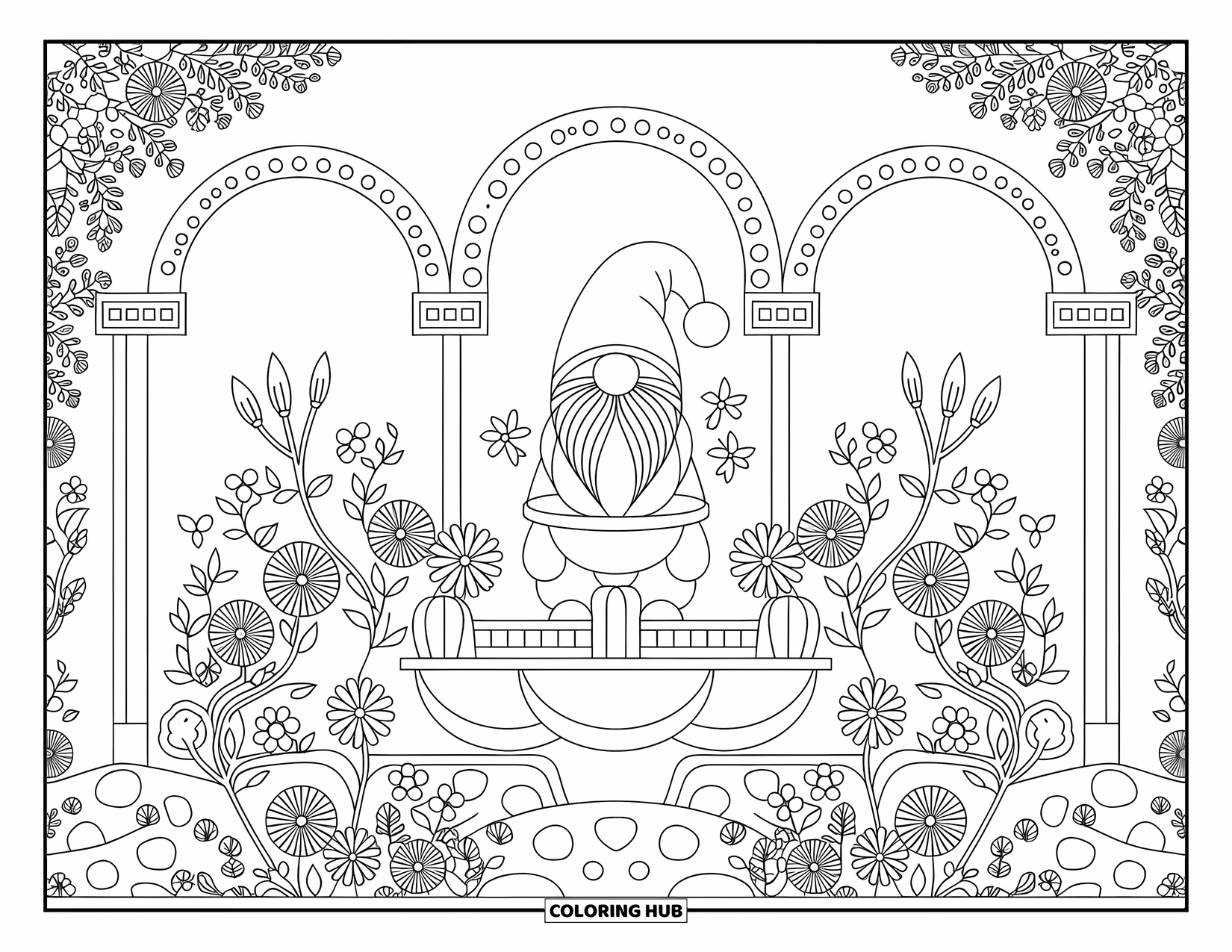 Desen de colorat cu gnom pentru adulți: O grădină cu gnomi cu o fântână, arcade și motive florale complicate