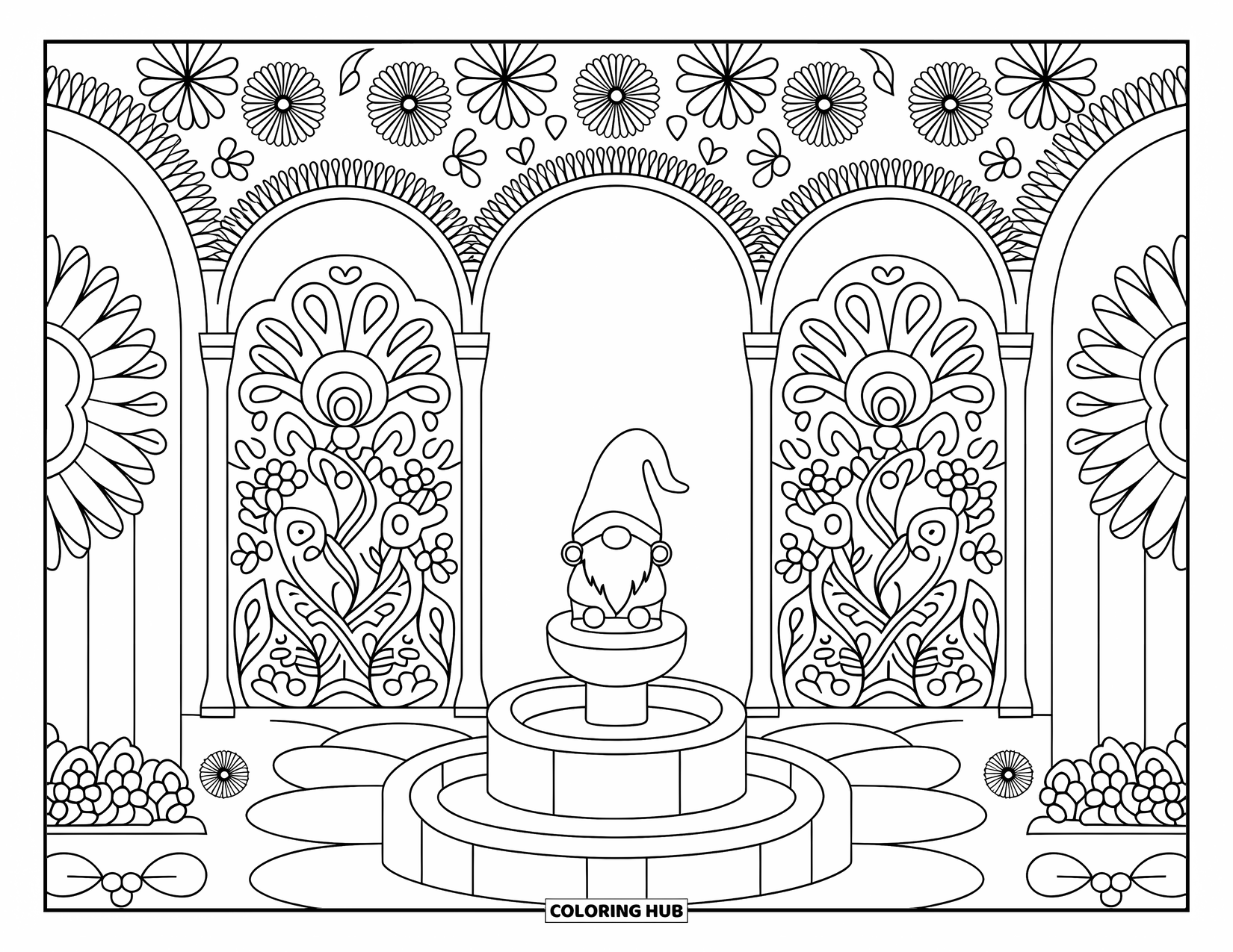 Desen de colorat cu gnom pentru adulți: O grădină cu gnomi cu o fântână și arcade florale, înconjurată de modele complicate