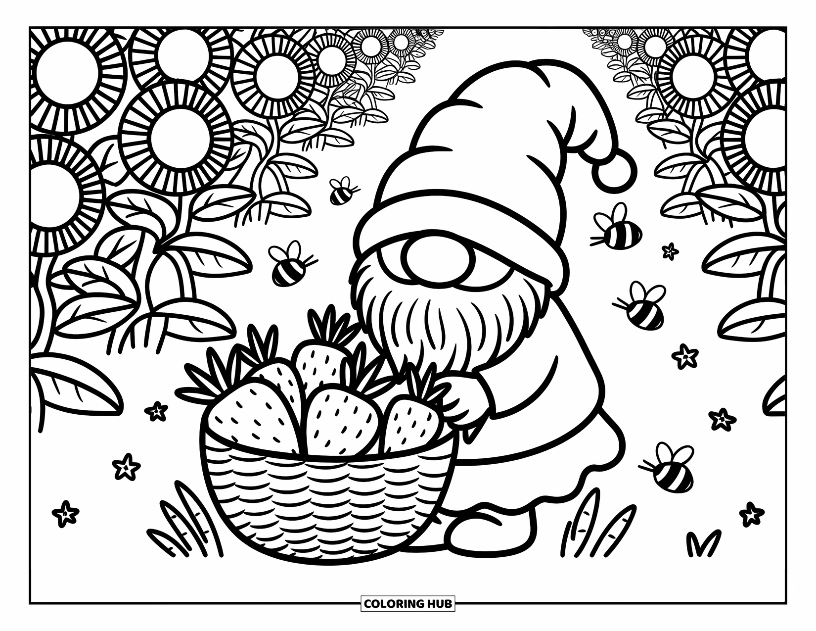 Desen de colorat cu gnom pentru adulți: Un gnom adunând căpșuni și morcovi într-o grădină cu floarea-soarelui