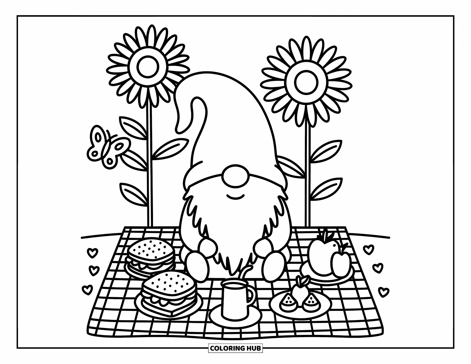 Desen de colorat cu gnom pentru adulți: Un gnom care ia un picnic sub floarea-soarelui cu un fluture în apropiere