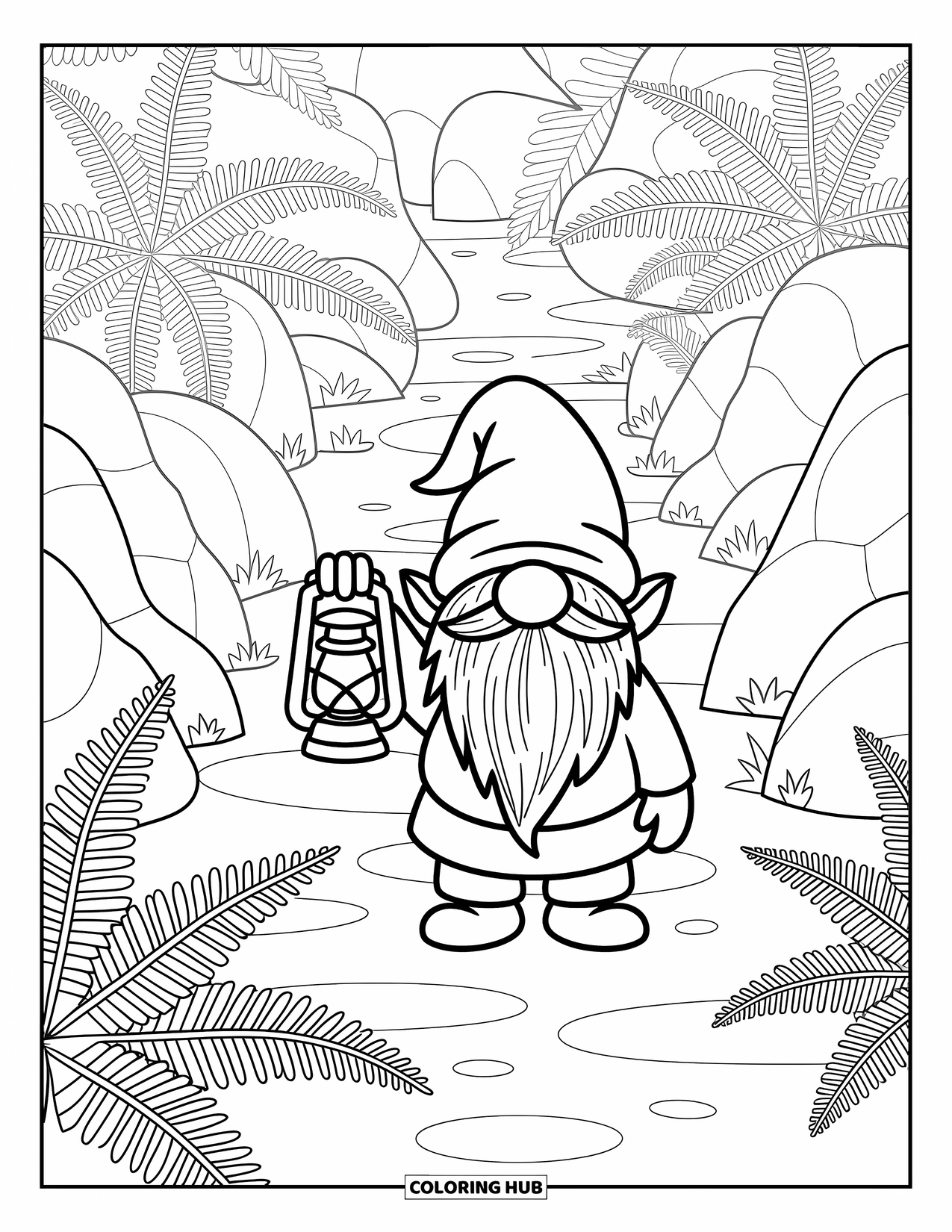 Desen de colorat cu gnom pentru adulți: Un gnom ținând un felinar pe o potecă cu ferigi și modele complicate