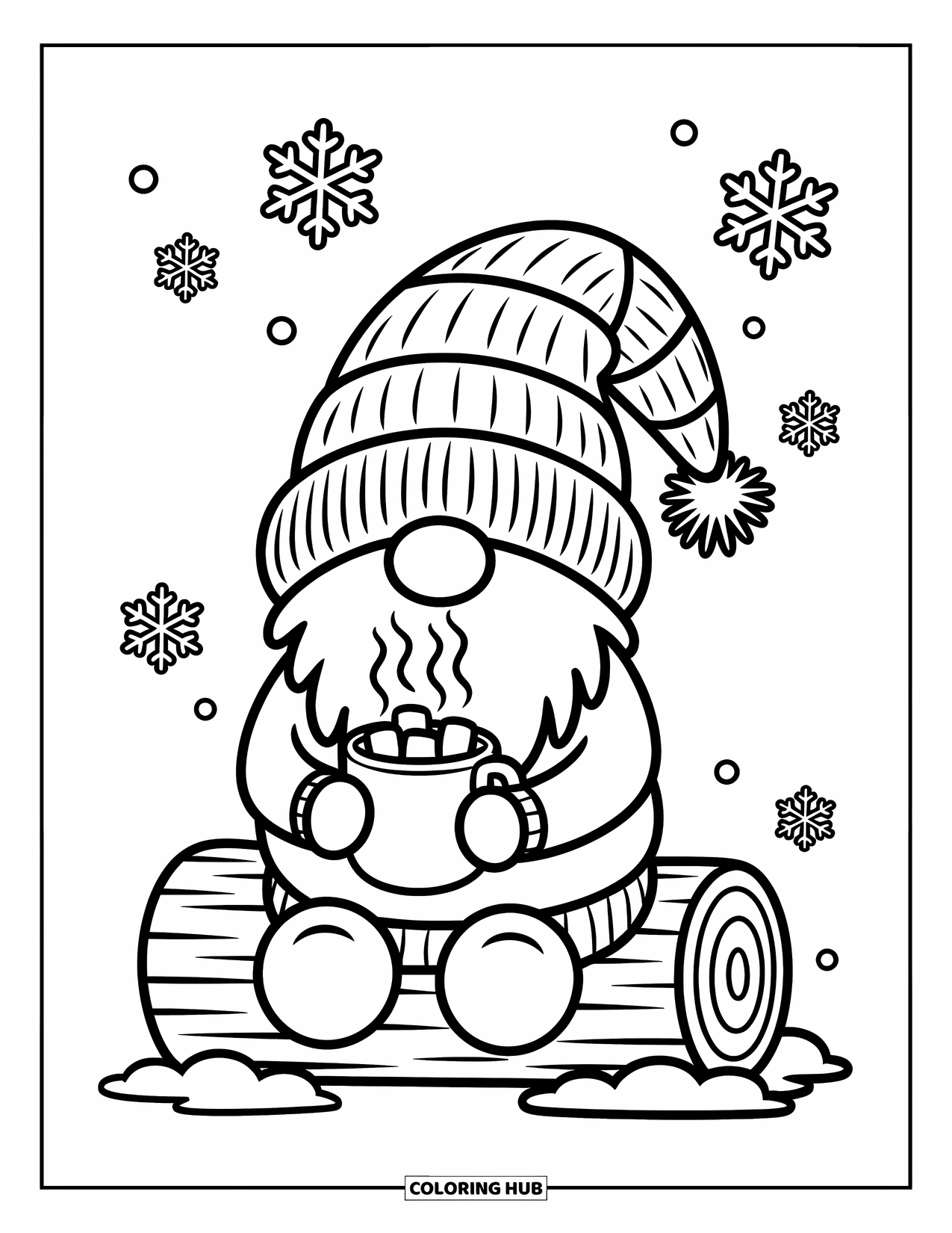Desen de colorat cu gnom pentru adulți: Un gnom ținând cacao cu fulgi de zăpadă și o cabană caldă în depărtare