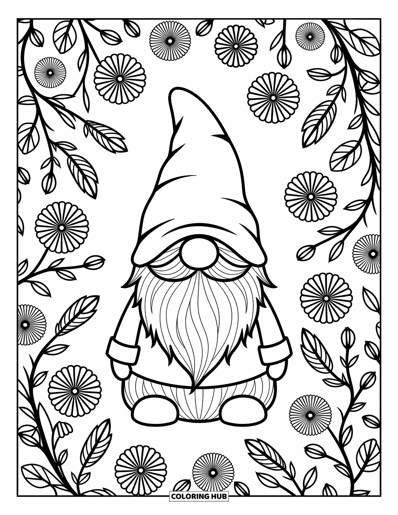 Desen de colorat cu gnom pentru adulți: Un gnom într-o grădină cu liane complicate și modele florale peste tot