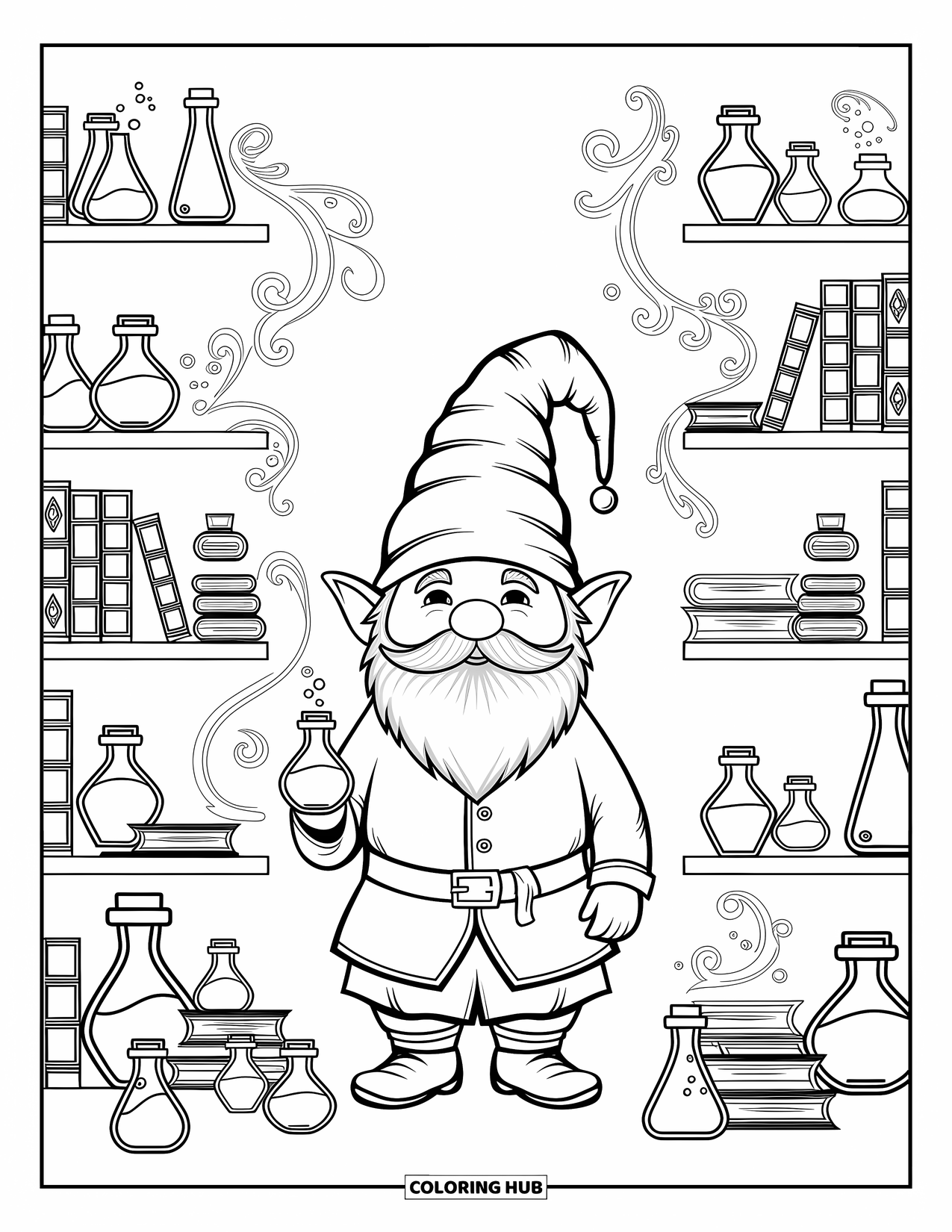 Desen de colorat cu gnom pentru adulți: Un gnom într-un laborator plin de poțiuni, cărți și modele detaliate
