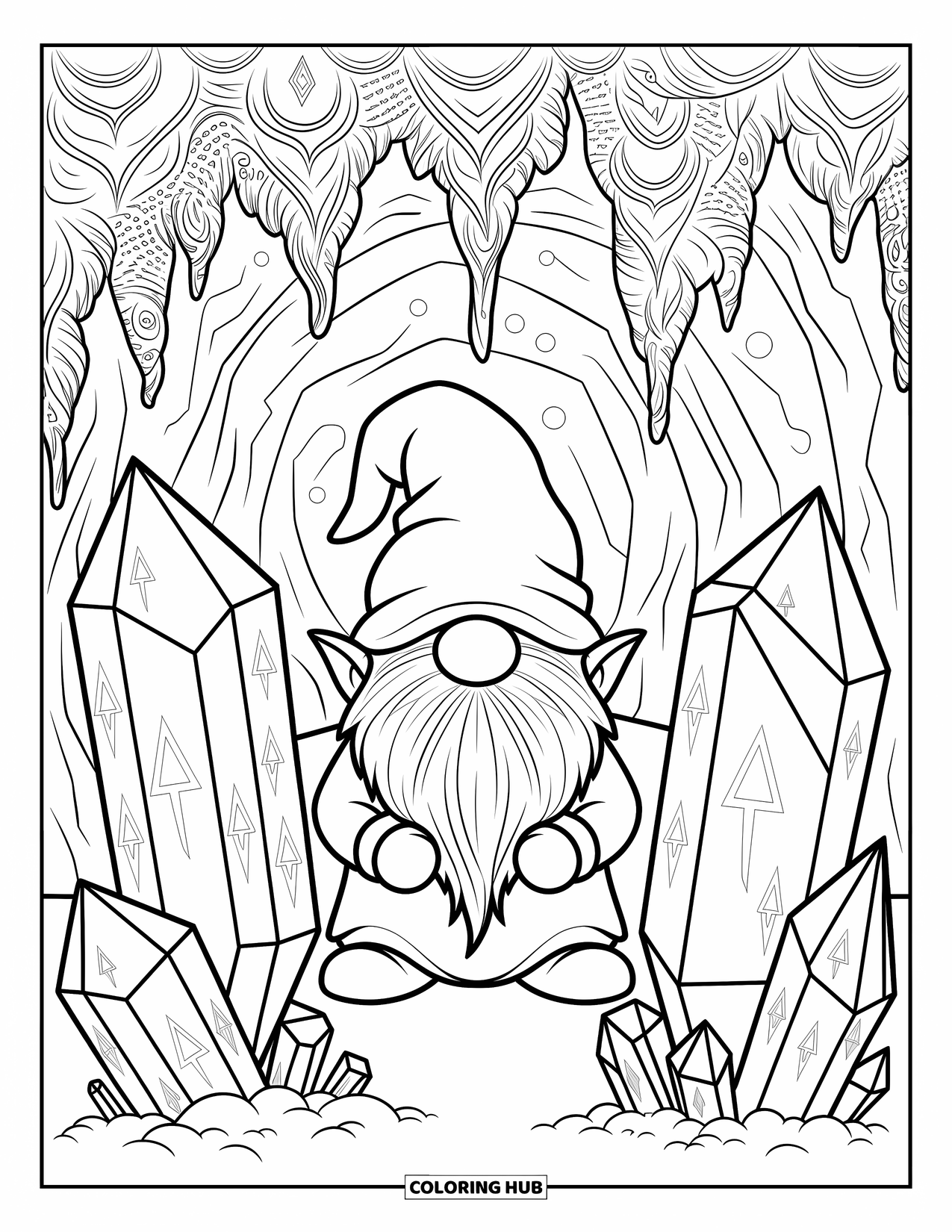 Desen de colorat cu gnom pentru adulți: Un gnom într-o vizuină secretă cu cristale și modele complicate de rune