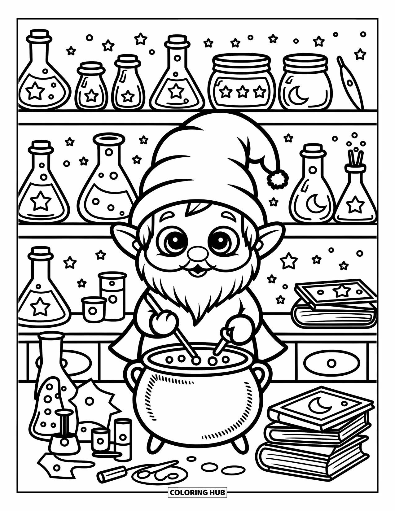 Desen de colorat cu gnom pentru adulți: Un gnom într-un laborator mic cu poțiuni, rafturi și un cazan clocotitor