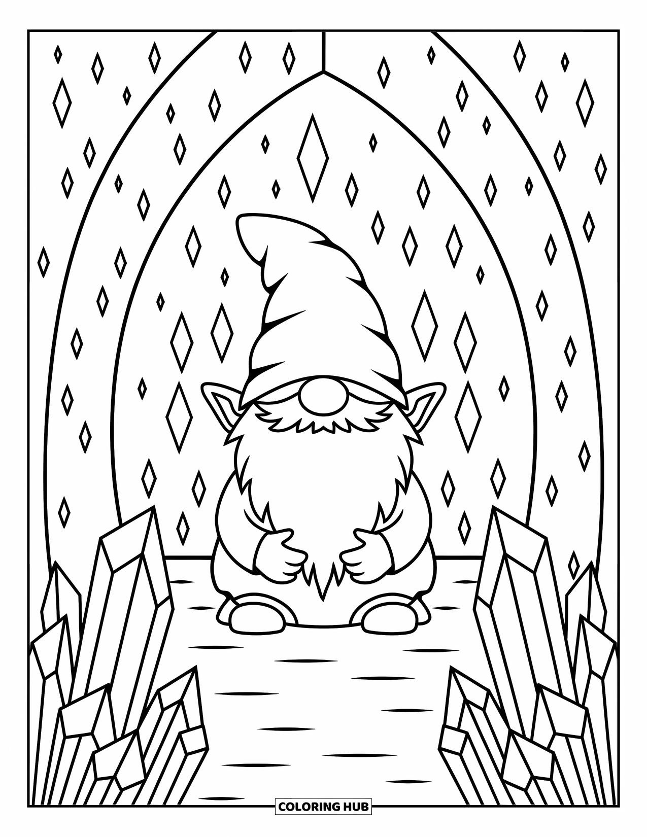 Desen de colorat cu gnom pentru adulți: Un gnom într-o vizuină subterană cu cristale și rune strălucitoare