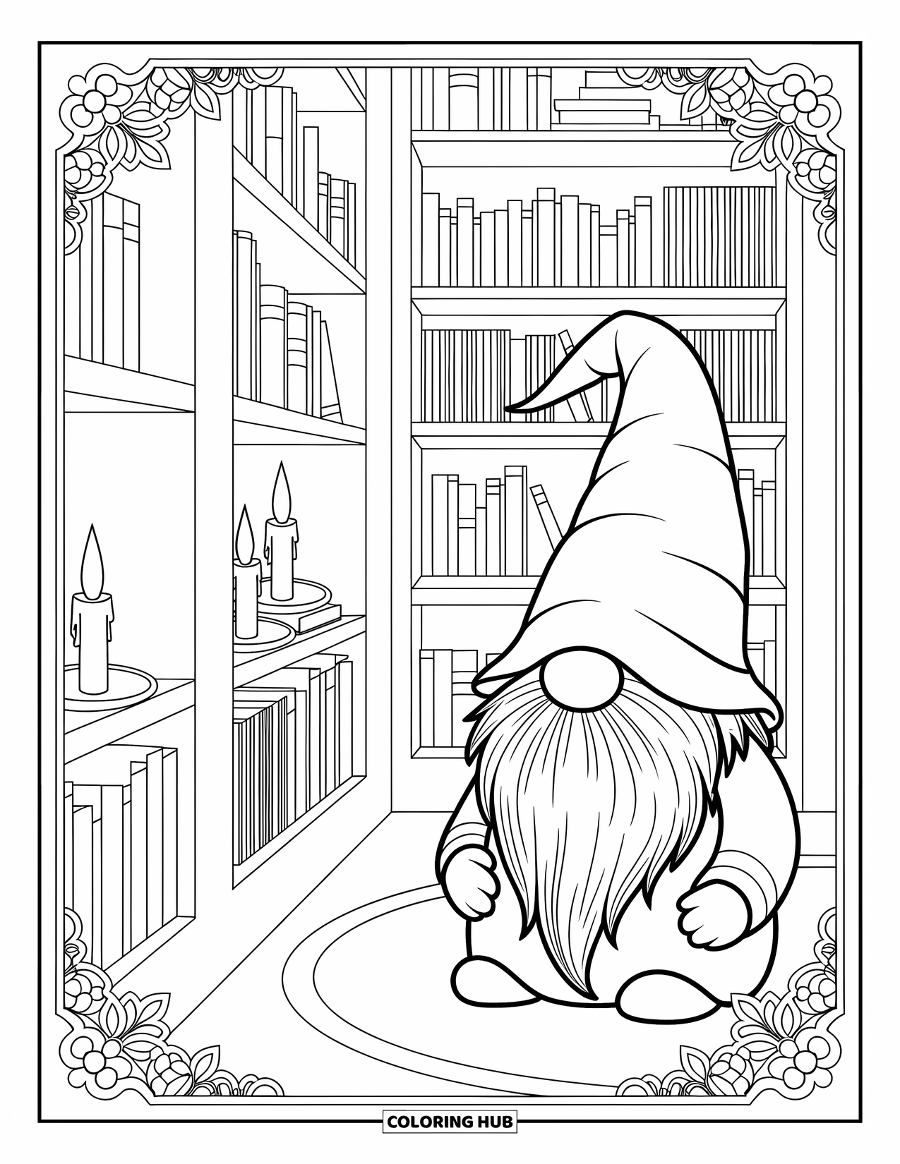 Desen de colorat cu gnom pentru adulți: O bibliotecă cu gnomi cu cărți, lumânări și borduri florale elaborate